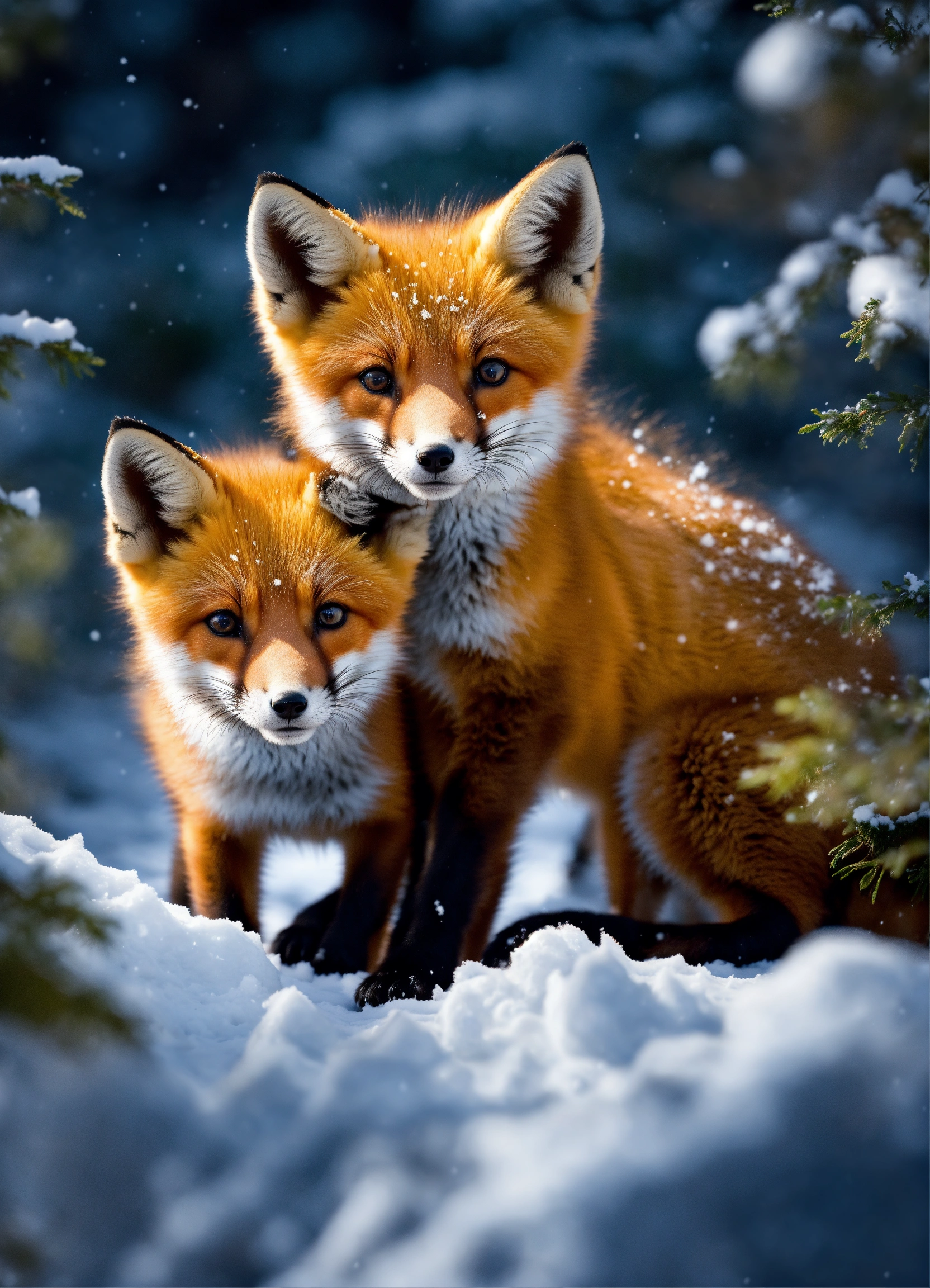 Lexica - Beautiful fox cubs playing in the snow in the moon light in a ...