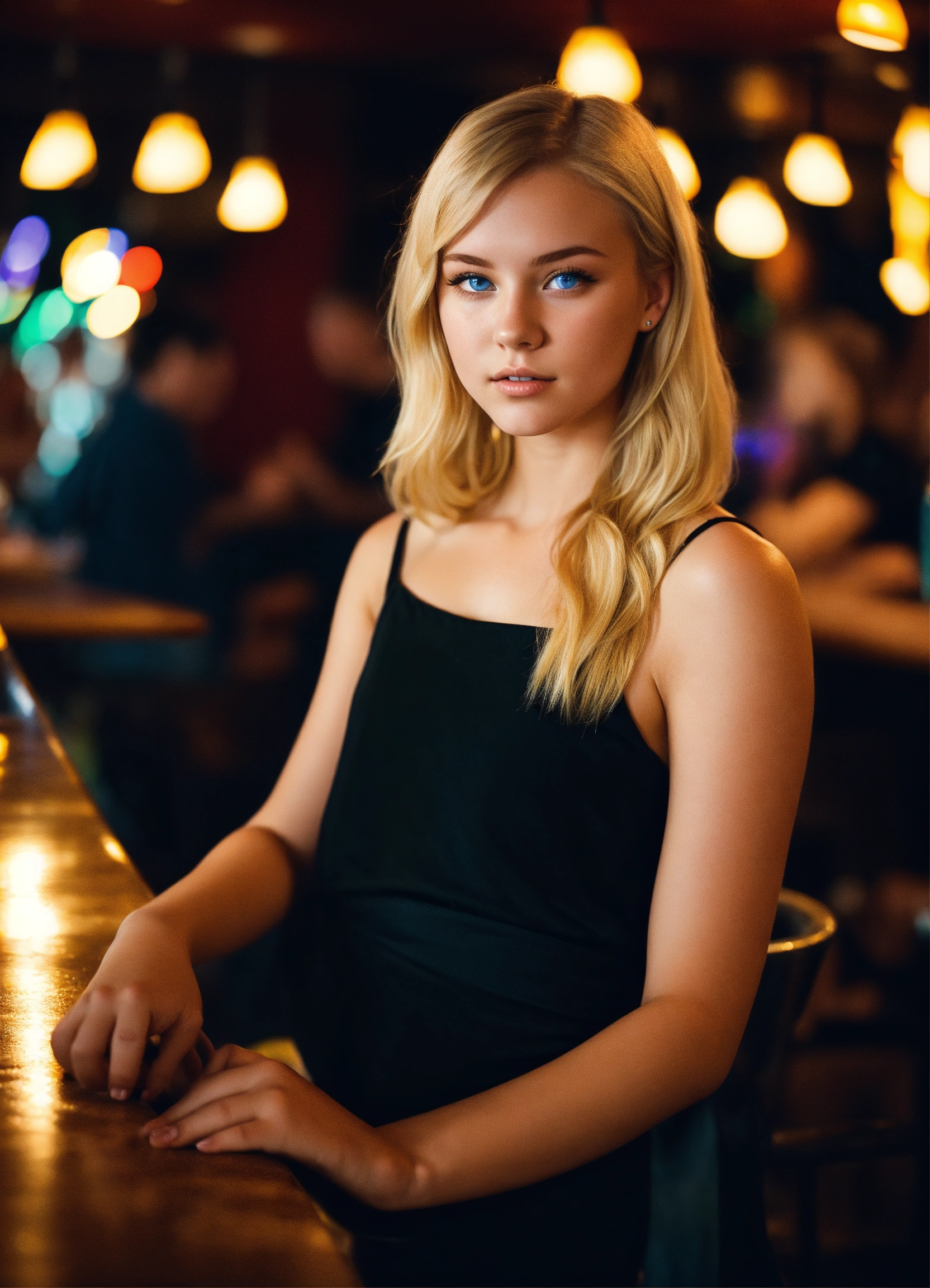 Lexica An 18 Year Old Blonde Woman At A Bar She Has Blue Eyes Shes Wearing A Black Dress 7131