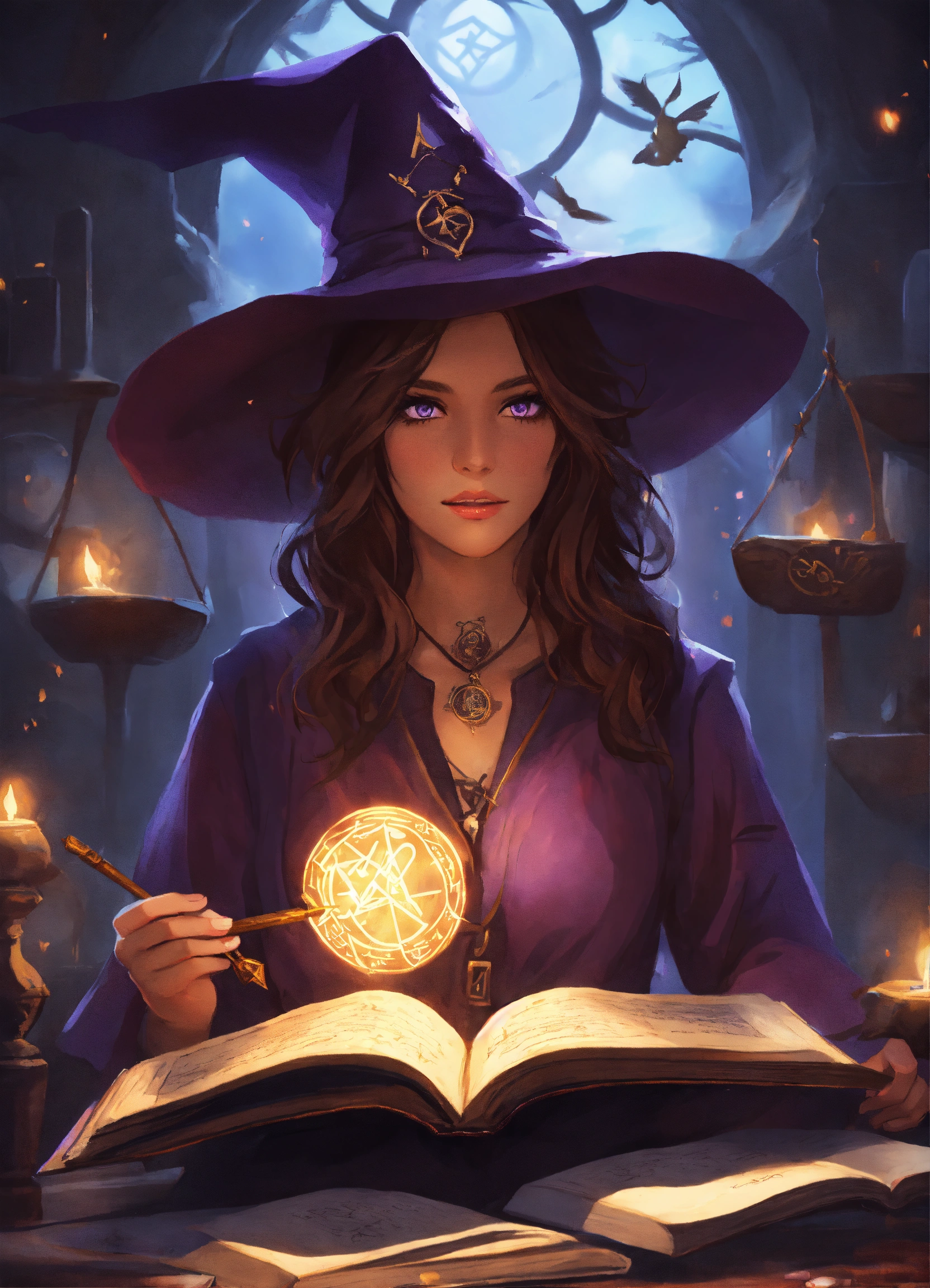 Lexica - A witch with brown hair and purple eyes surrounded by runes ...