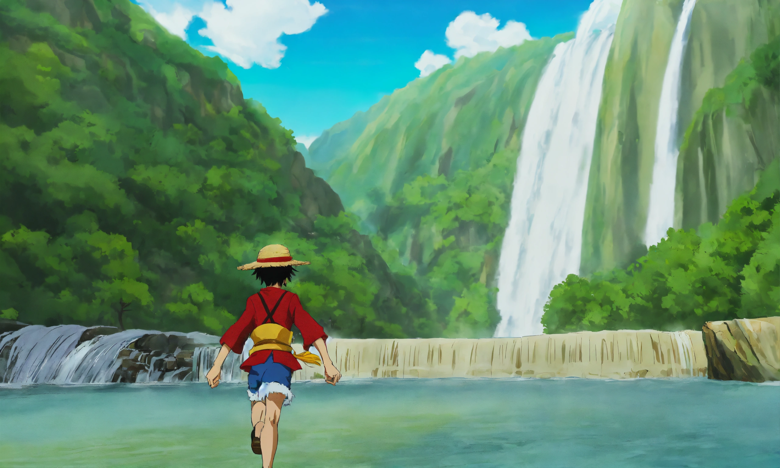 Lexica - Monkey D. Luffy running towards a large waterfall in the ...