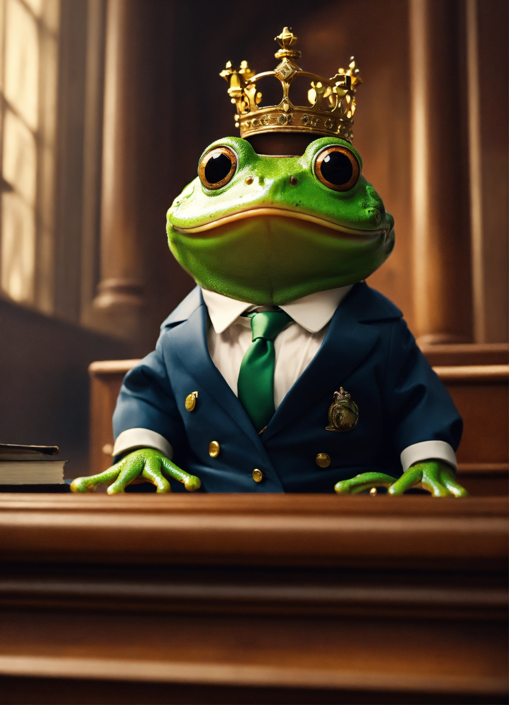 Lexica - Cute frog in suit and glasses in crown court defending warm in ...