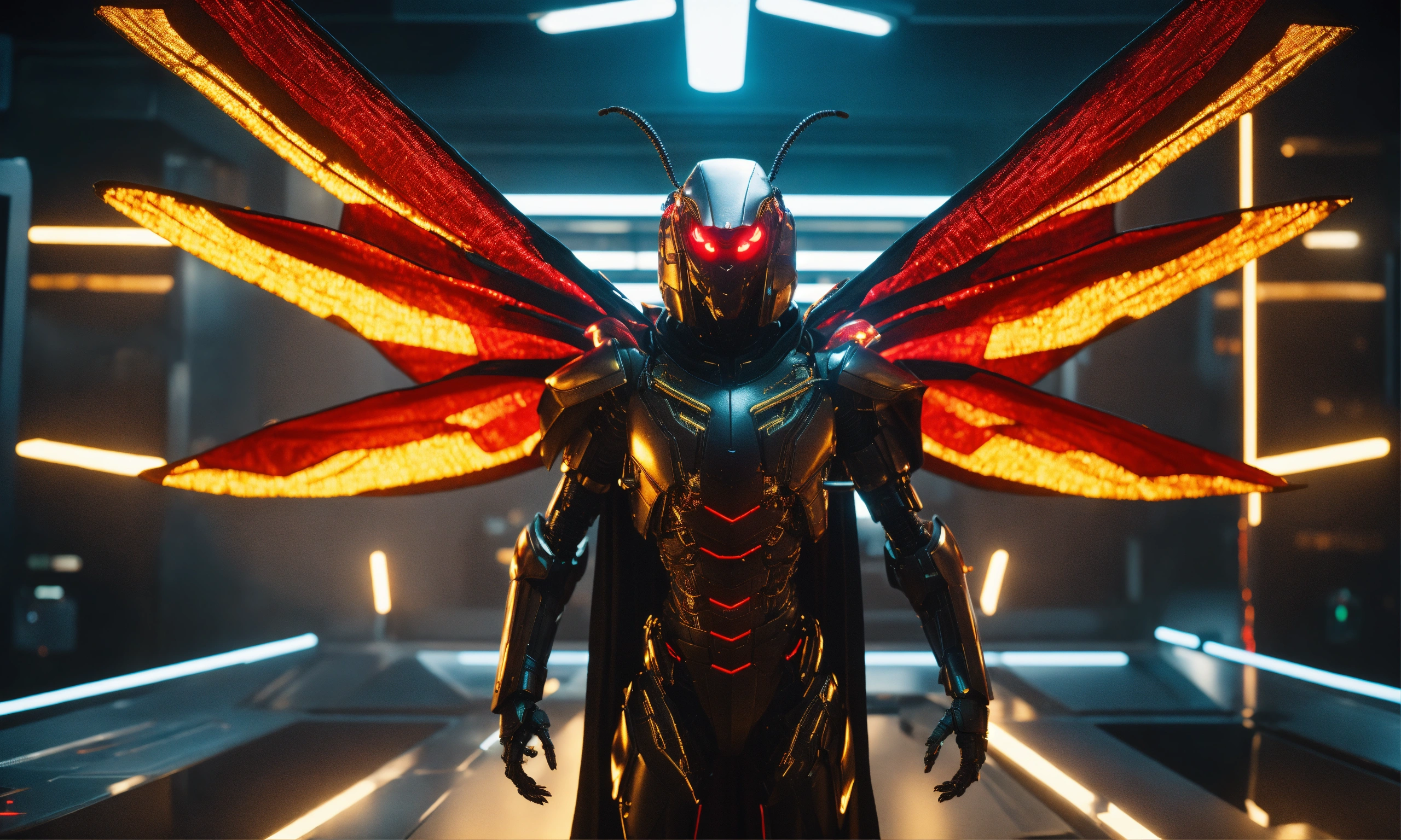 Lexica - Close up of black cockroach faced humanoid with red glowing ...