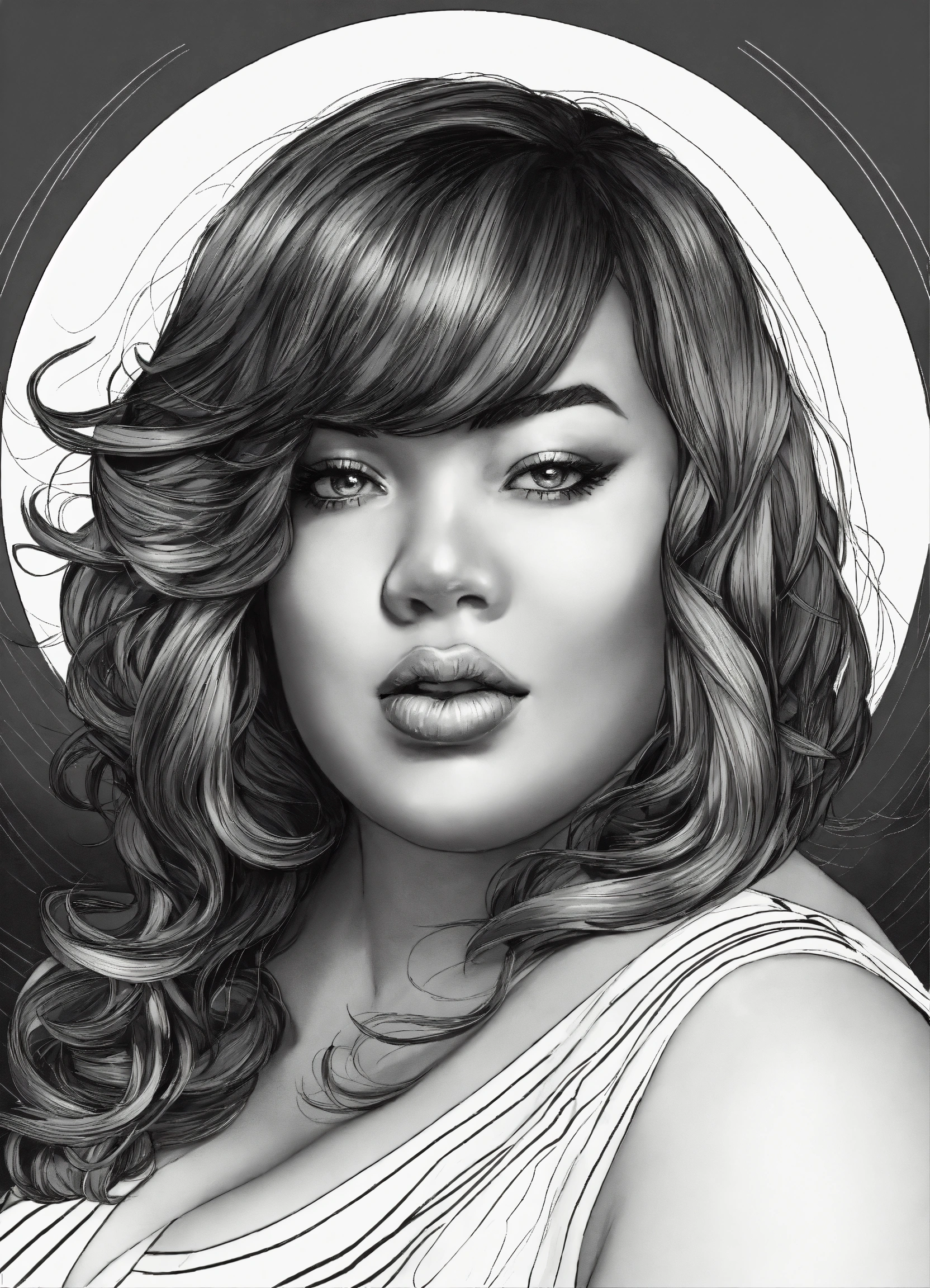 Lexica Black and white line drawing, plus size woman, bob with bangs