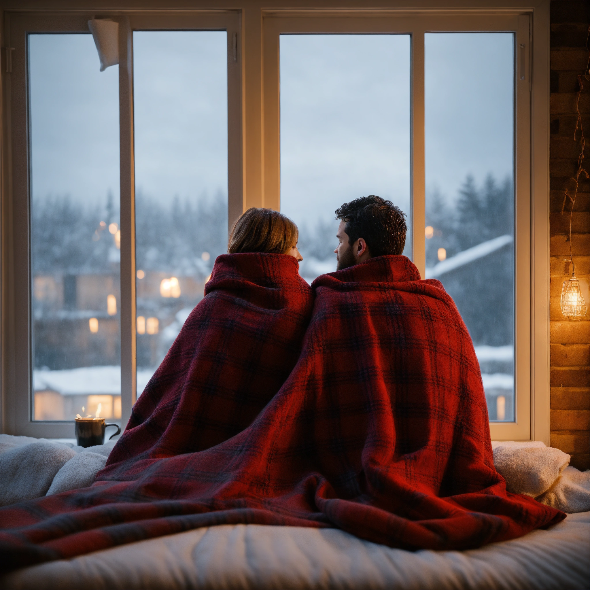 Lexica - Rear view of couple wrapped in blanket looking out window ...