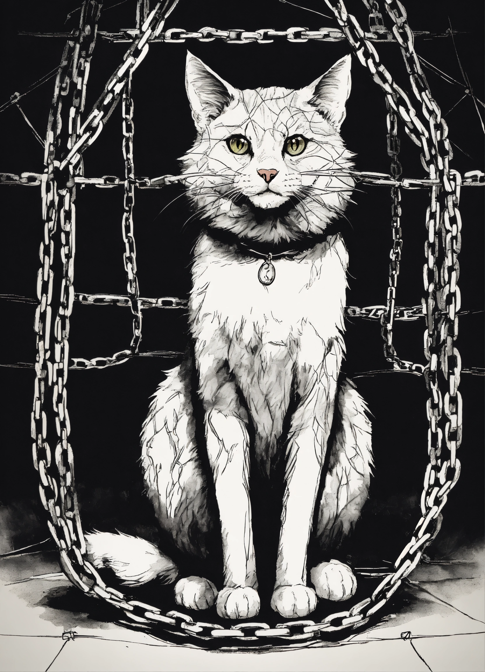 Lexica - A cat in a web of chains in the style of Japanese ink drawing