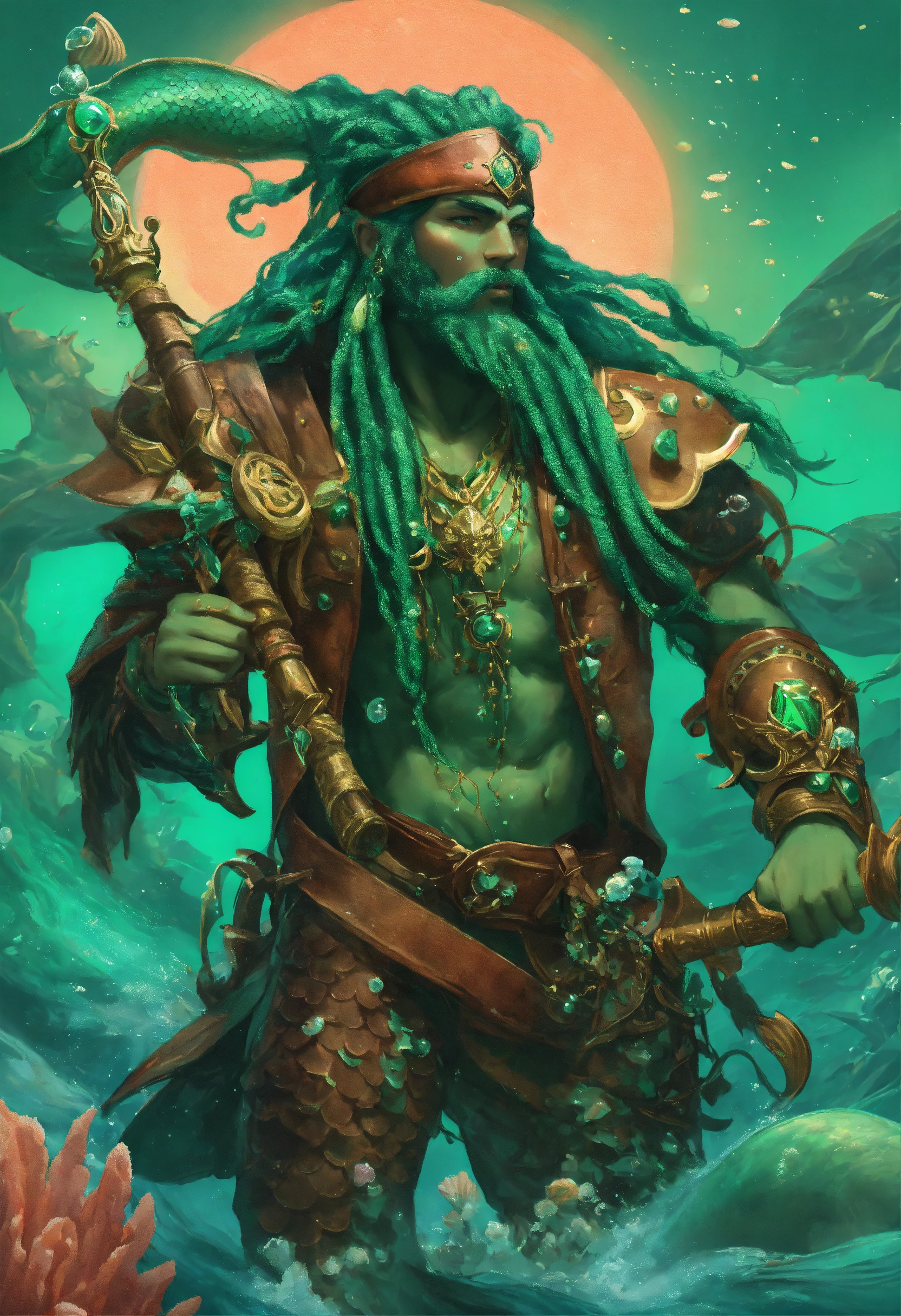 Lexica - A Merman pirate with emerald scales weathing coral and leather ...