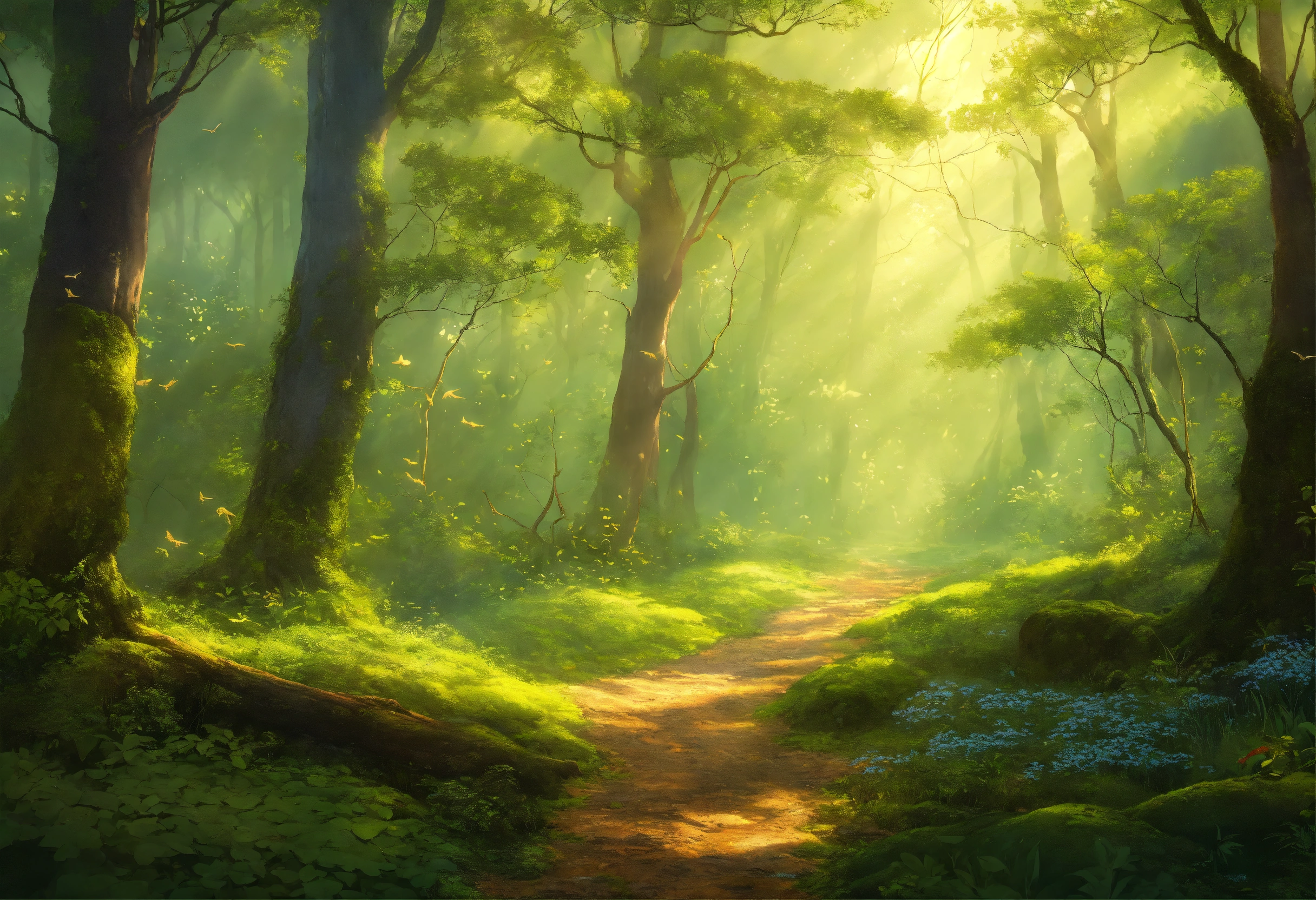 Lexica - A tranquil forest landscape with gentle rays of sunlight ...