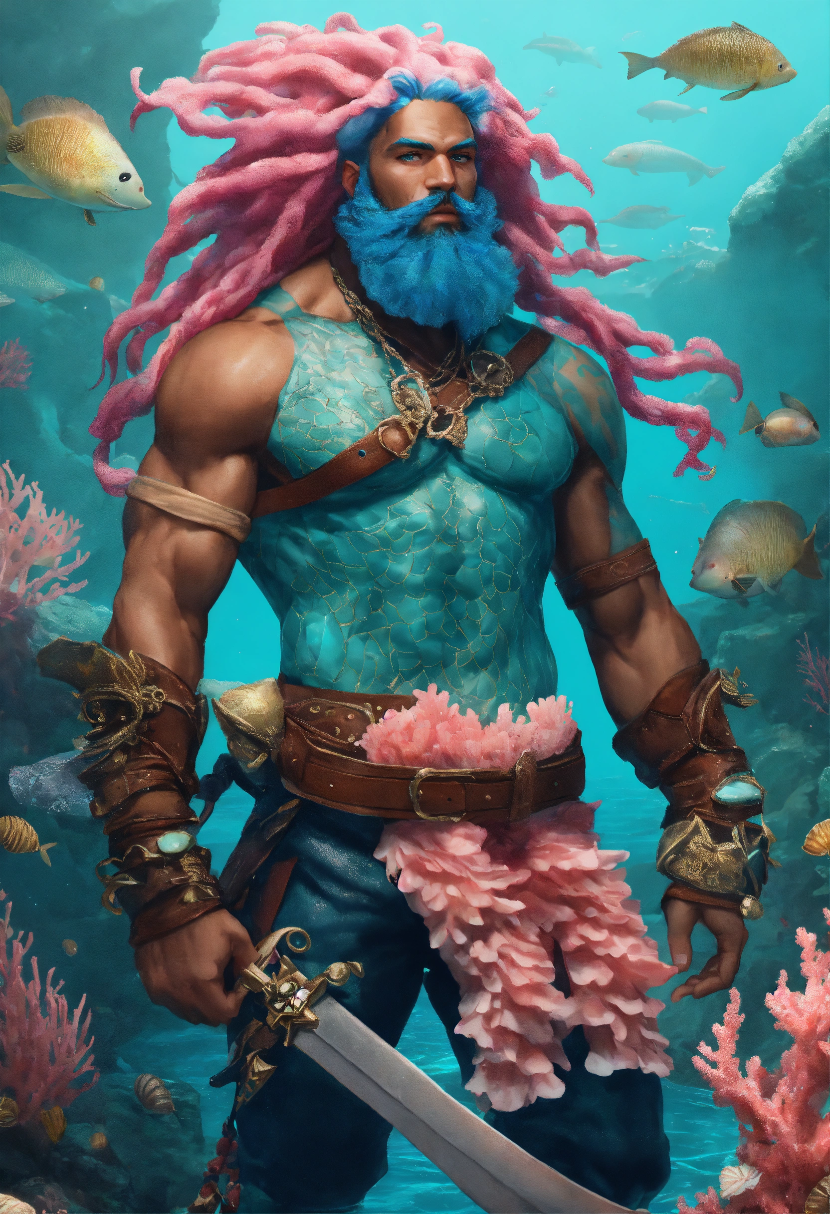 Lexica - A buff muscular Merman pirate with scales across his Blue skin ...