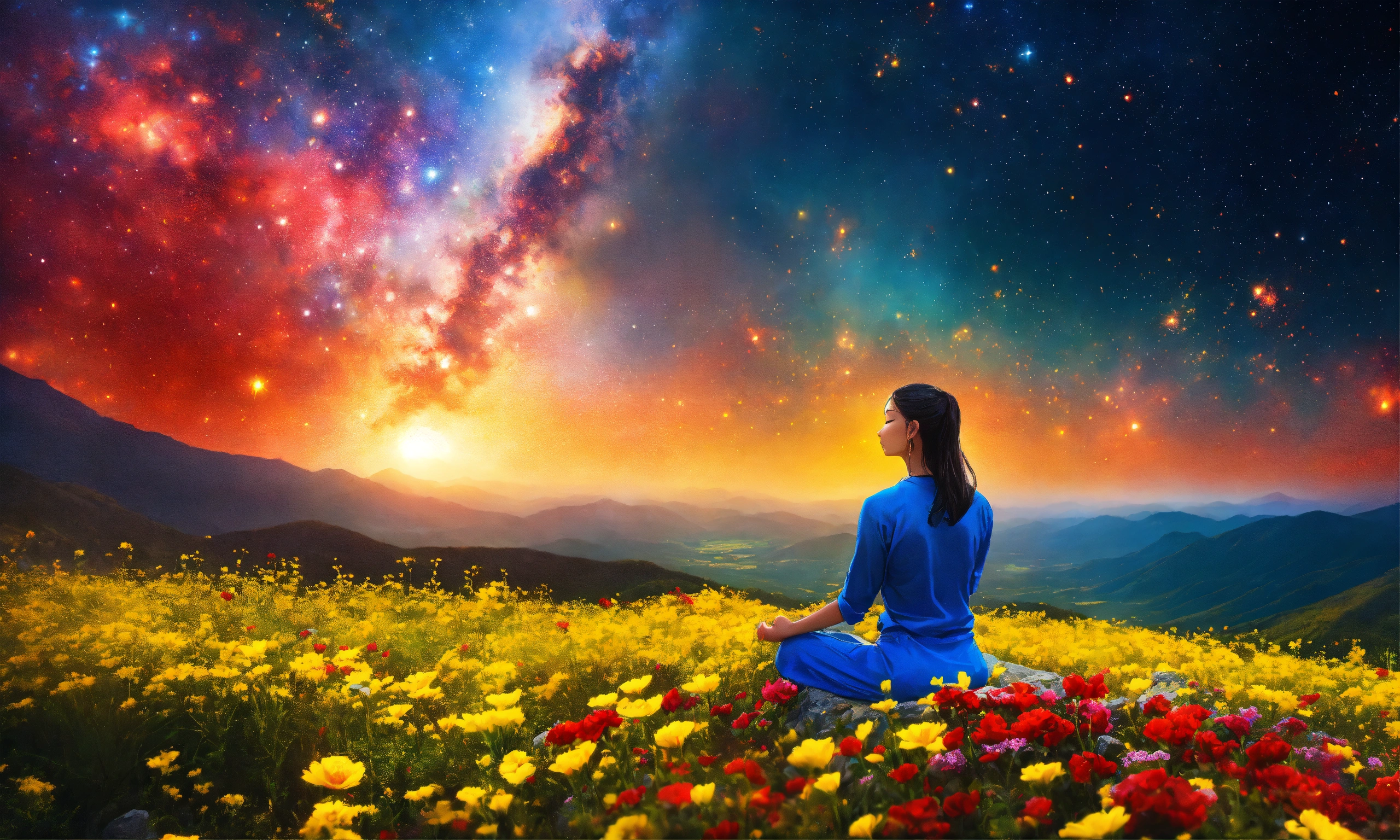 Lexica - Beautiful woman in Meditation posture, mountain, a vast field ...