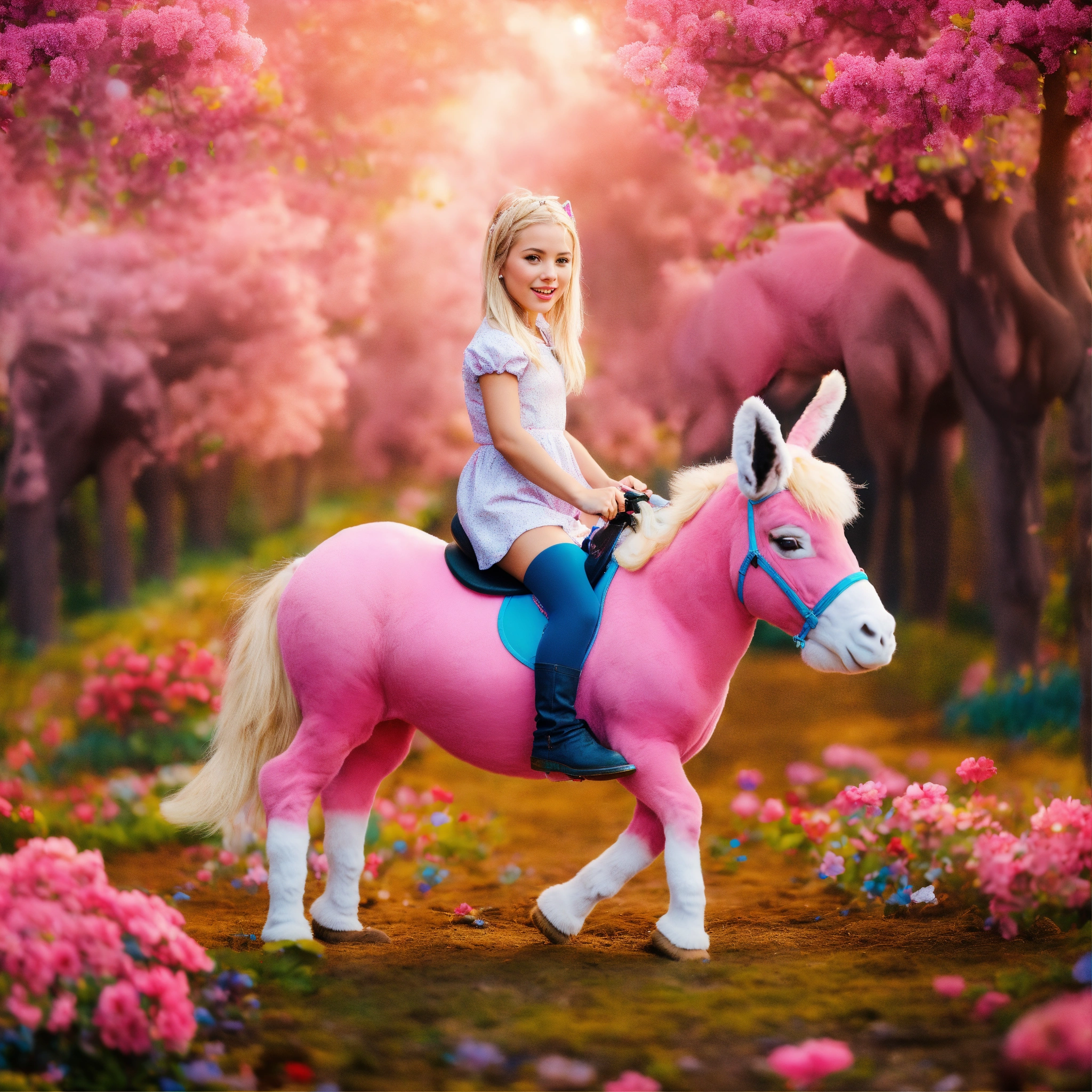 Lexica - A blonde girl rides a pink donkey in a fairytale land