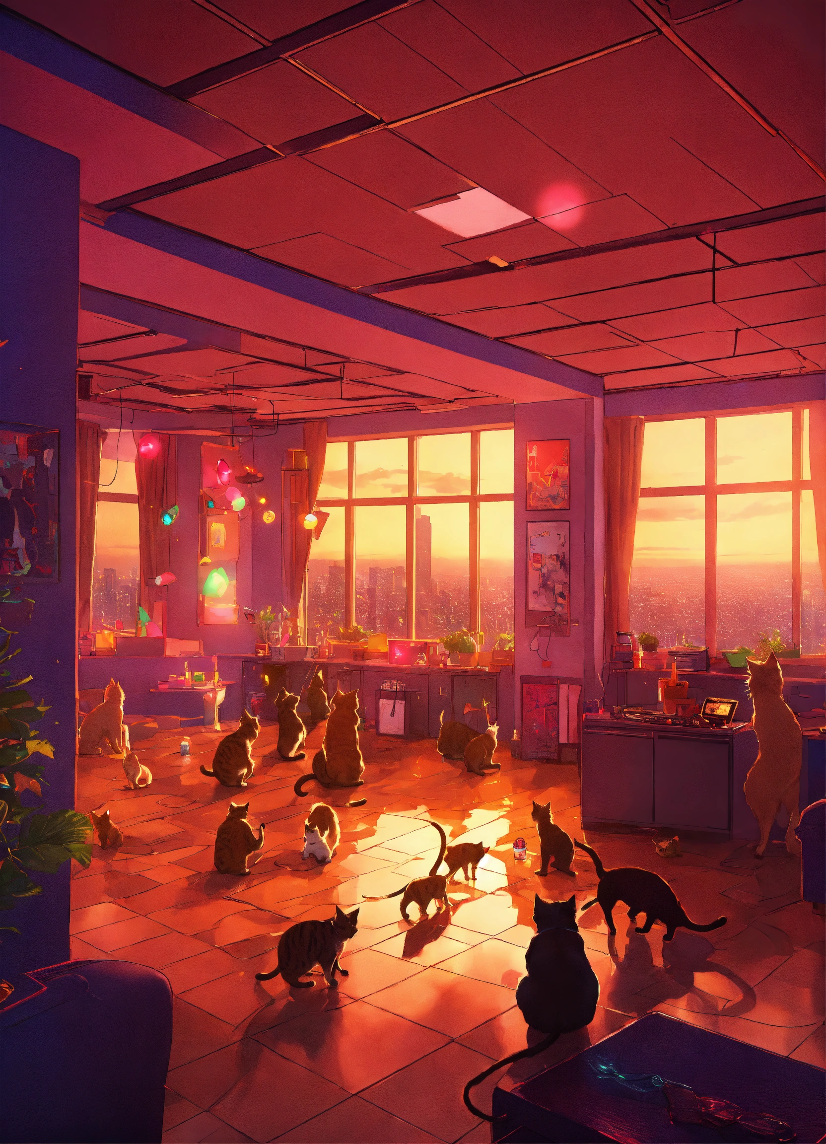 Lexica Hundreda of cats having a dance party in a highrise apartment