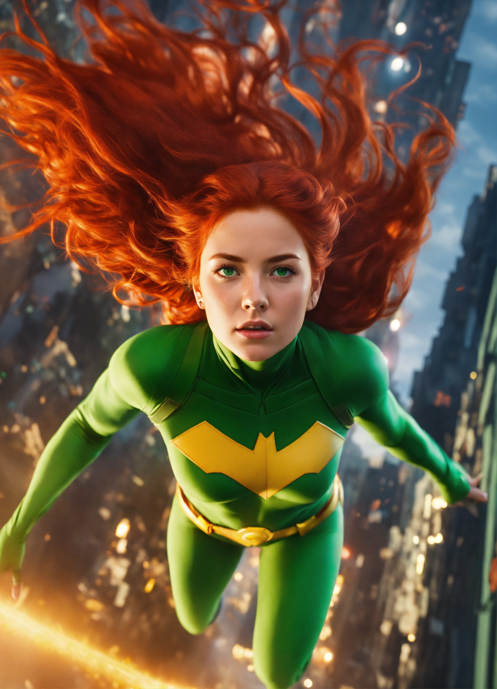 Lexica - Red-haired, green-eyed female superhero, floating down out of ...