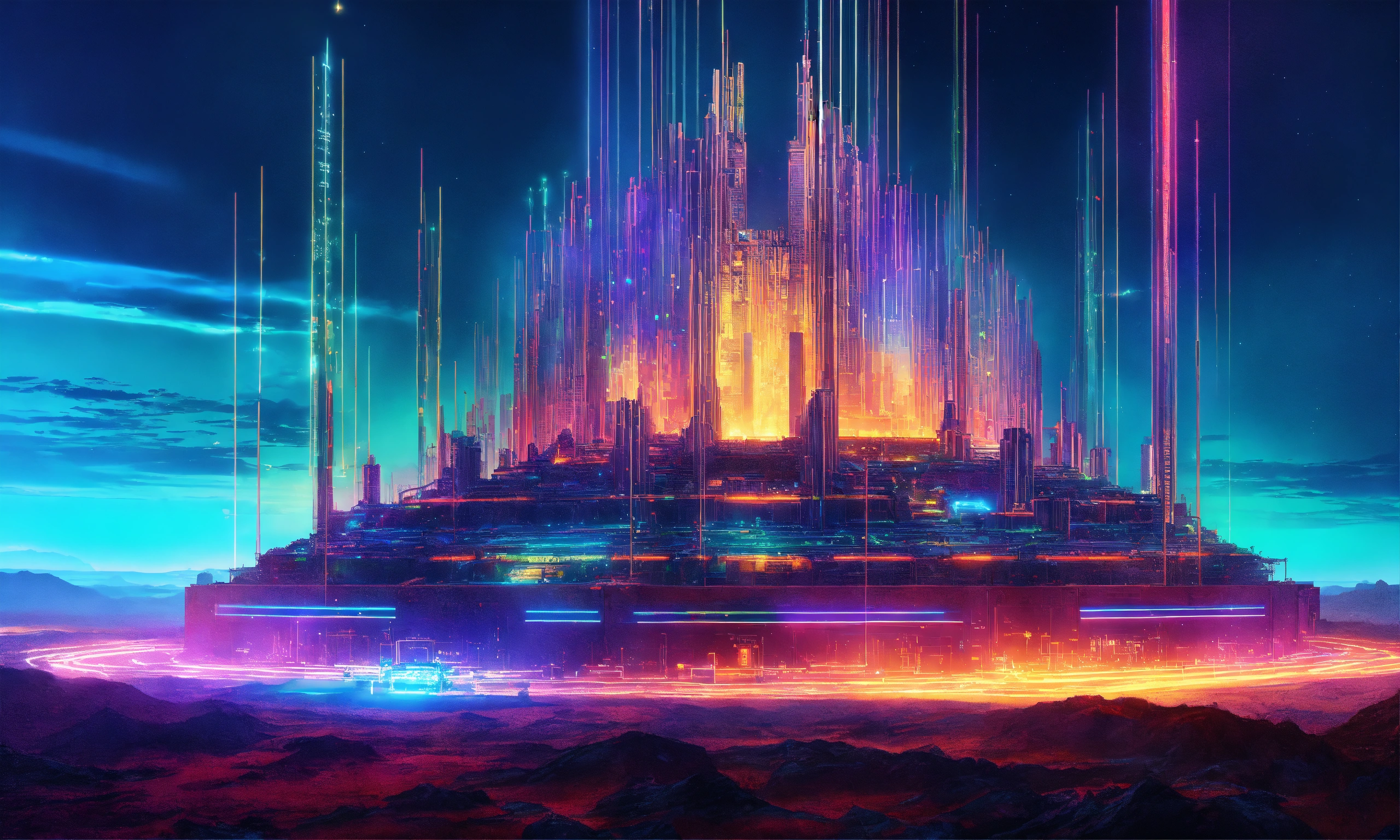 Lexica Towering fortress with digital circuit lines going up the