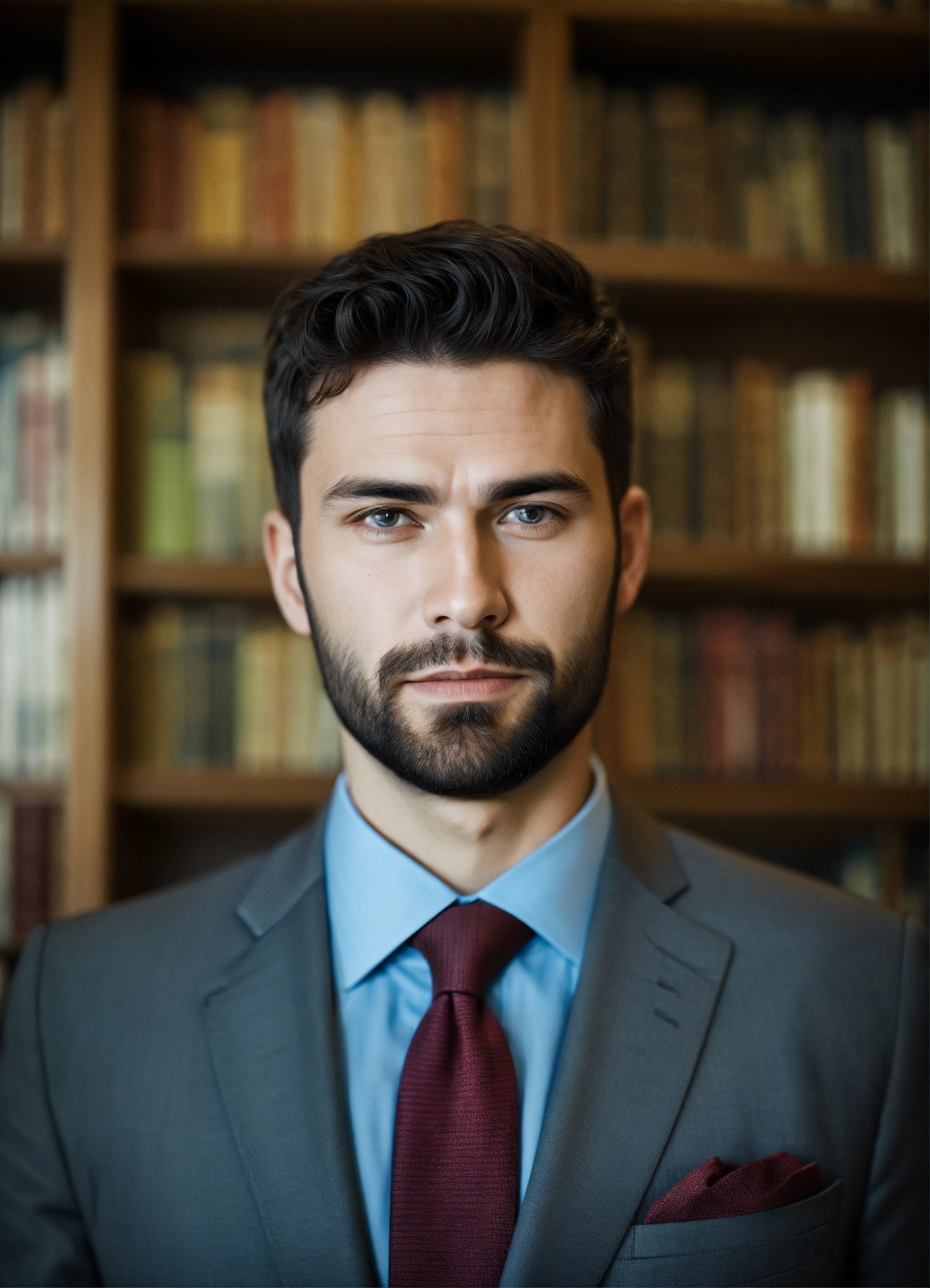 Lexica - Business man, looking at camera, dans une bibliothèque, homme agé