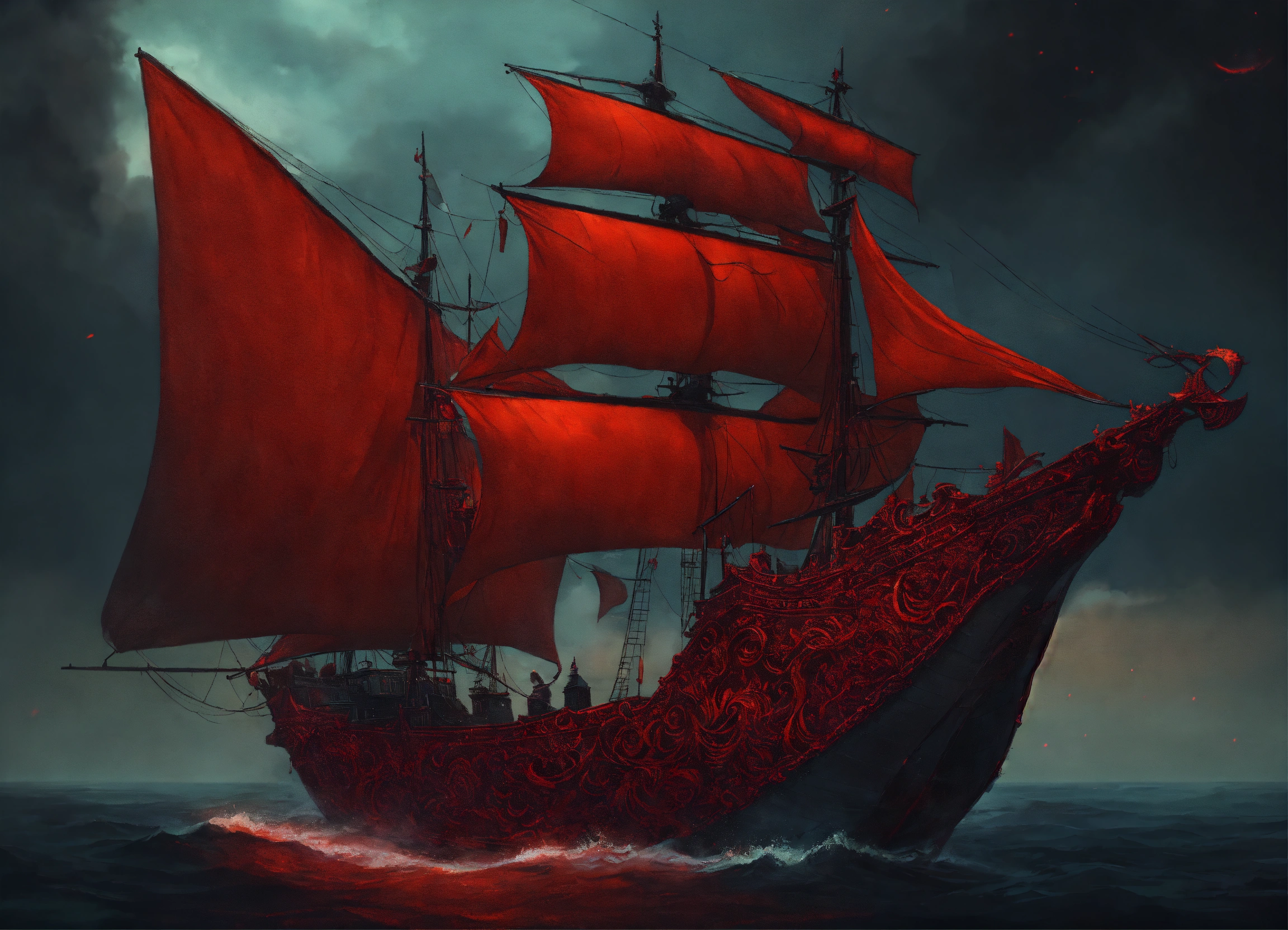 Lexica - Red ship, intricate art, dark fantasy style