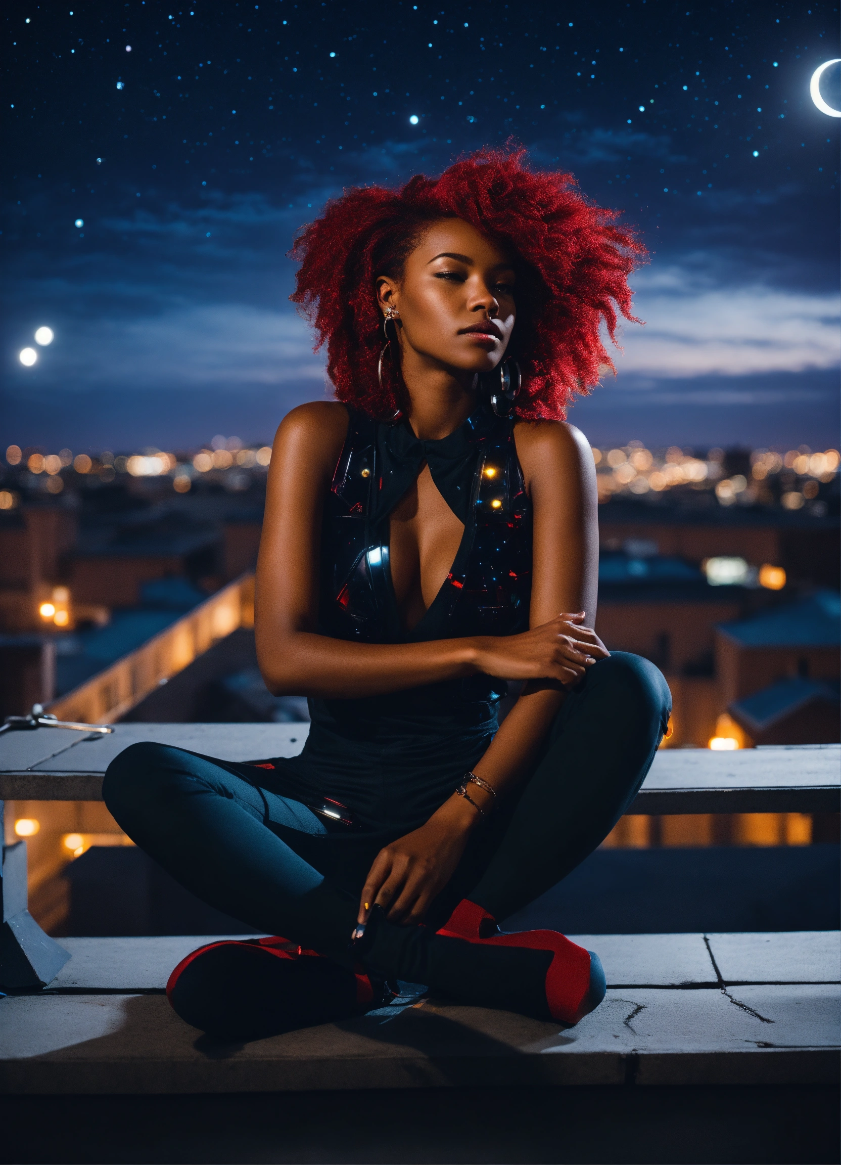 Lexica - Black woman with red hair in cyborg chic, sitting on a rooftop ...