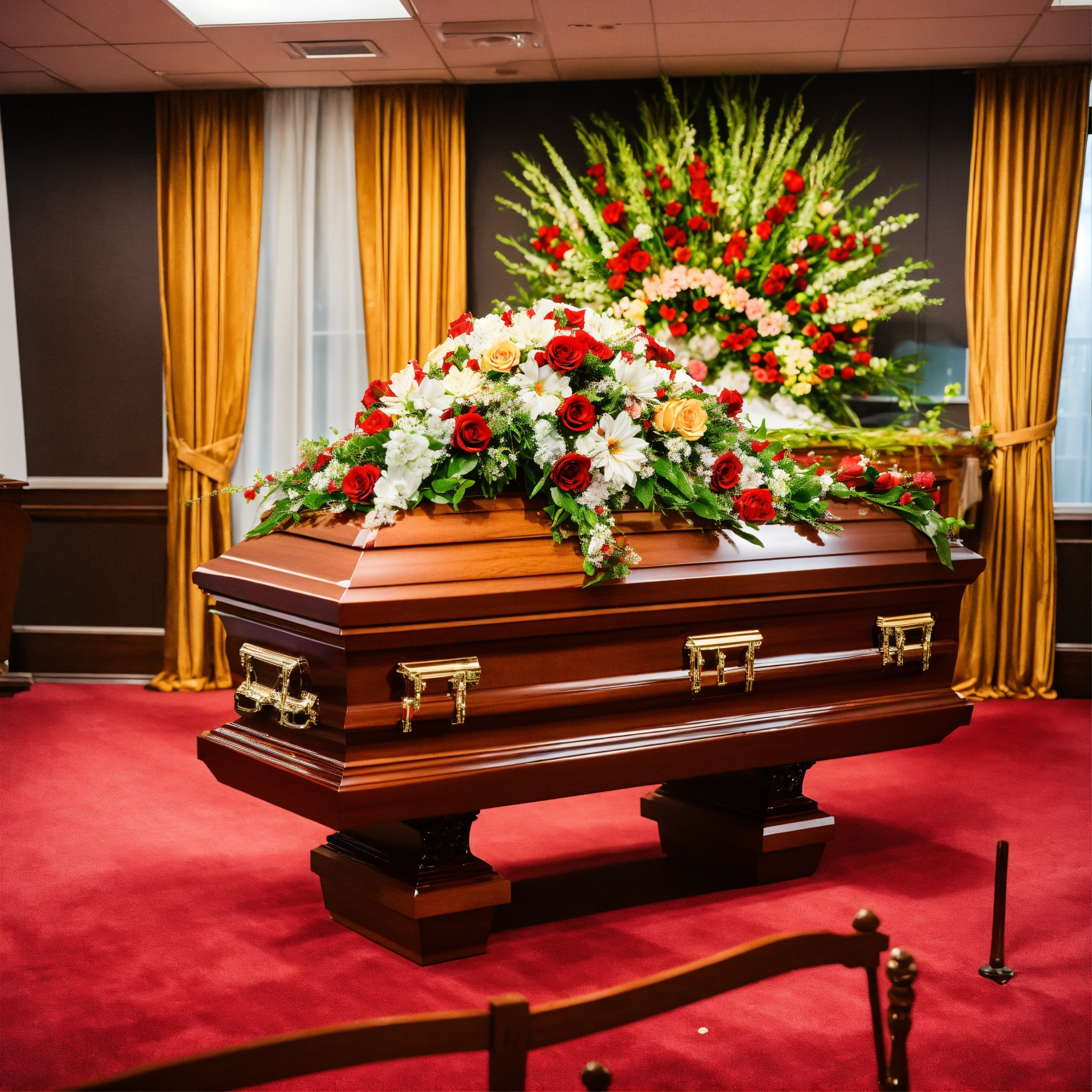 Lexica A photo of a casket in a funeral home. The casket is open and