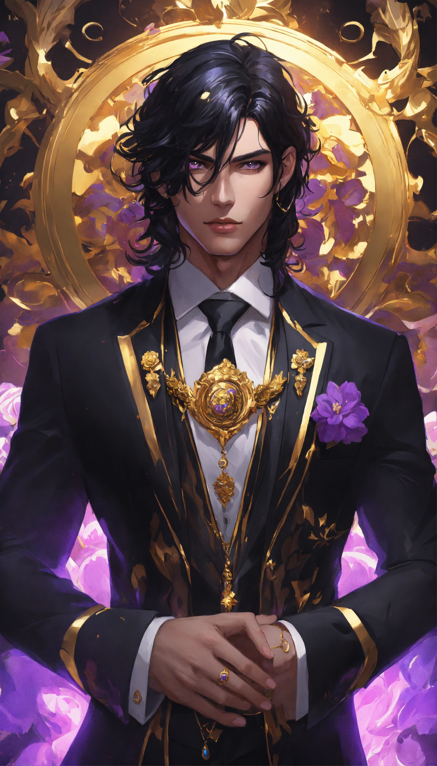 Lexica - Fullbody Portrait of a man in a black suit, gold adornments ...