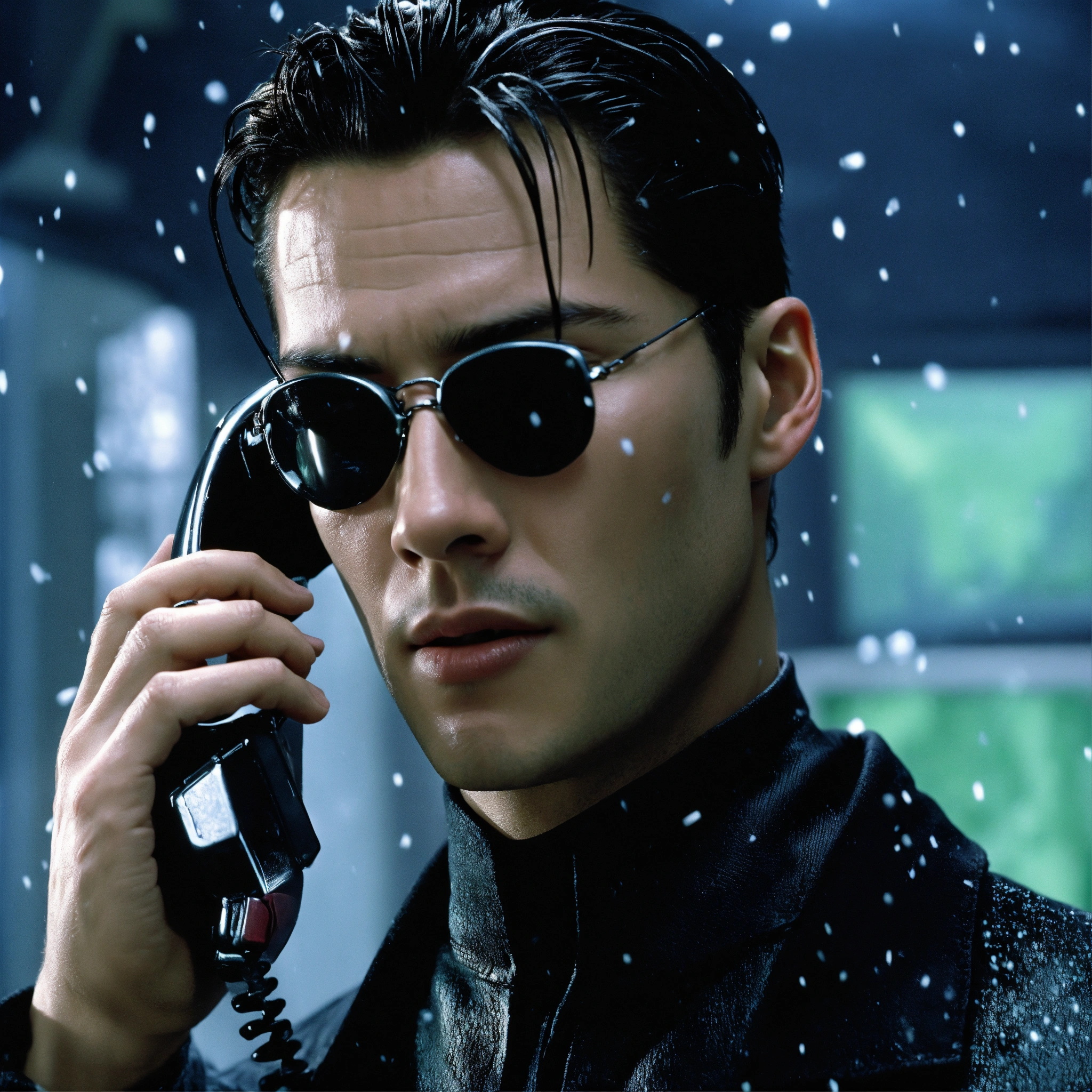 Lexica - Neo from the matrix is frozen, he is calling on an ice phone