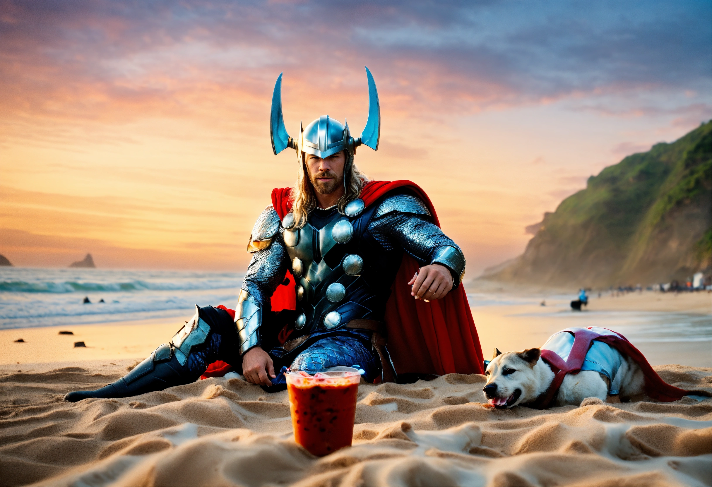 Lexica - Thor, sentado na praia, comendo sorvete e milkshake 8k