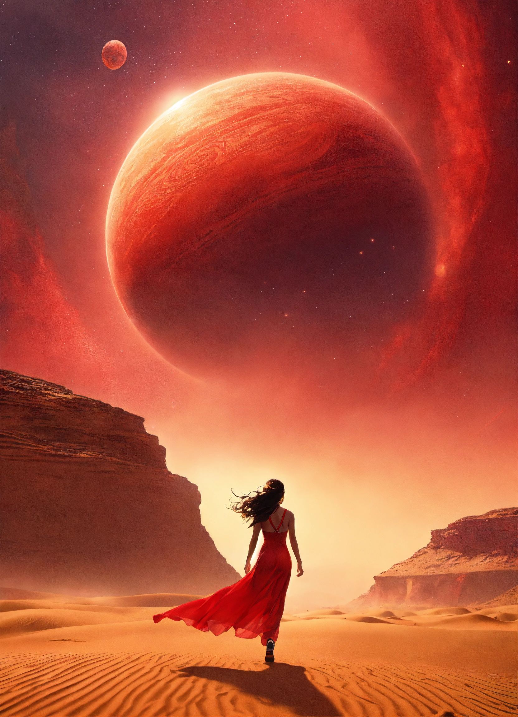 Lexica - Woman running through a sahara place in a long red dress ...