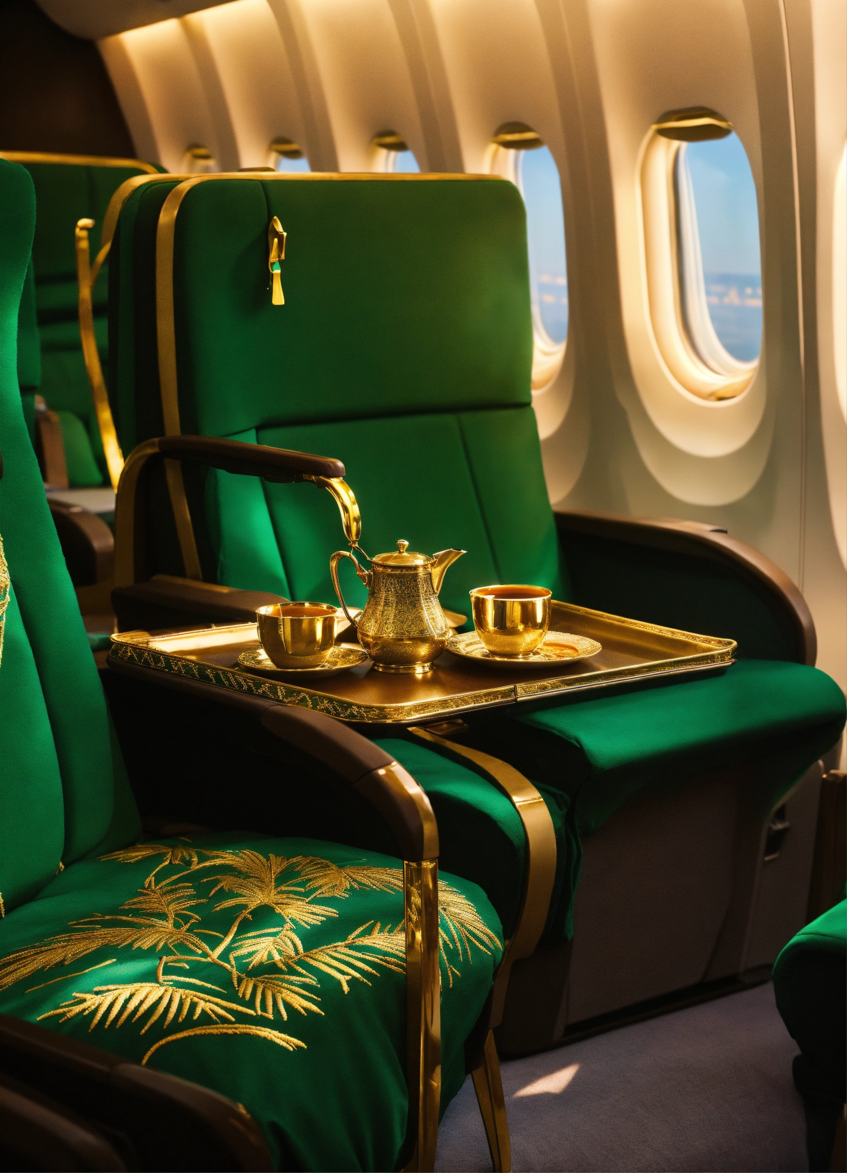 Lexica - Airplane Interior With Green Seats And Gold Palms Embroidery 