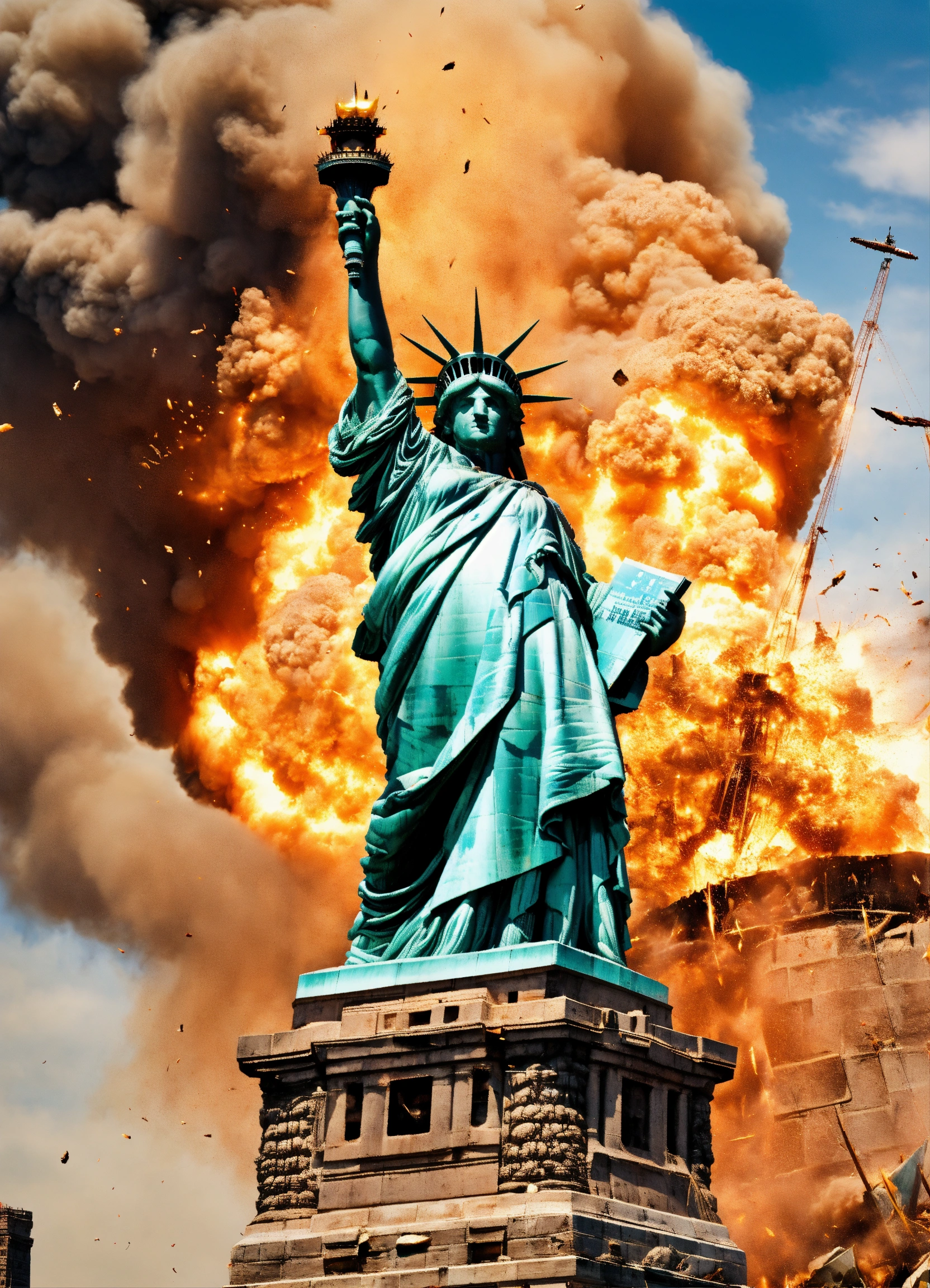 Lexica Statue of Liberty, explosion background, destruction, people