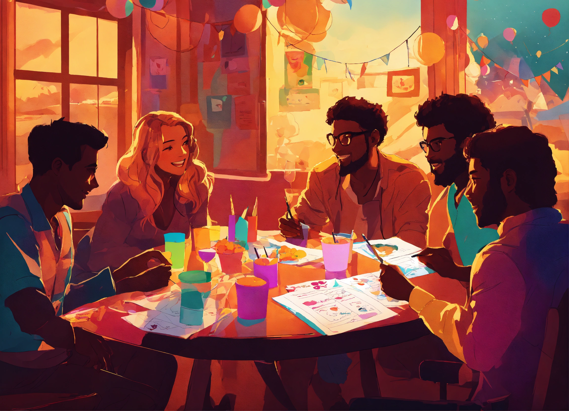 Lexica - A group of friends, at a birthday party, sitting at a table ...