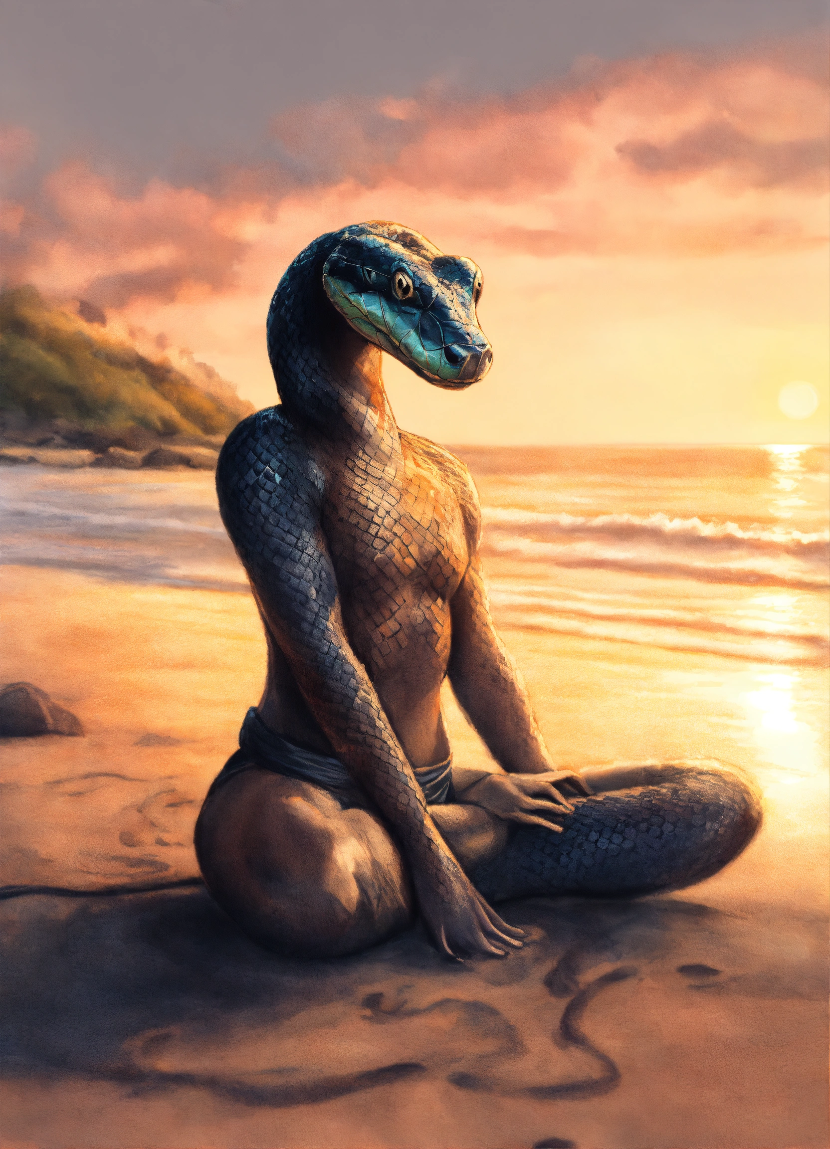 Lexica - Sly snake doing yoga at the beach, Charcoal sketch, 8k, mysterious