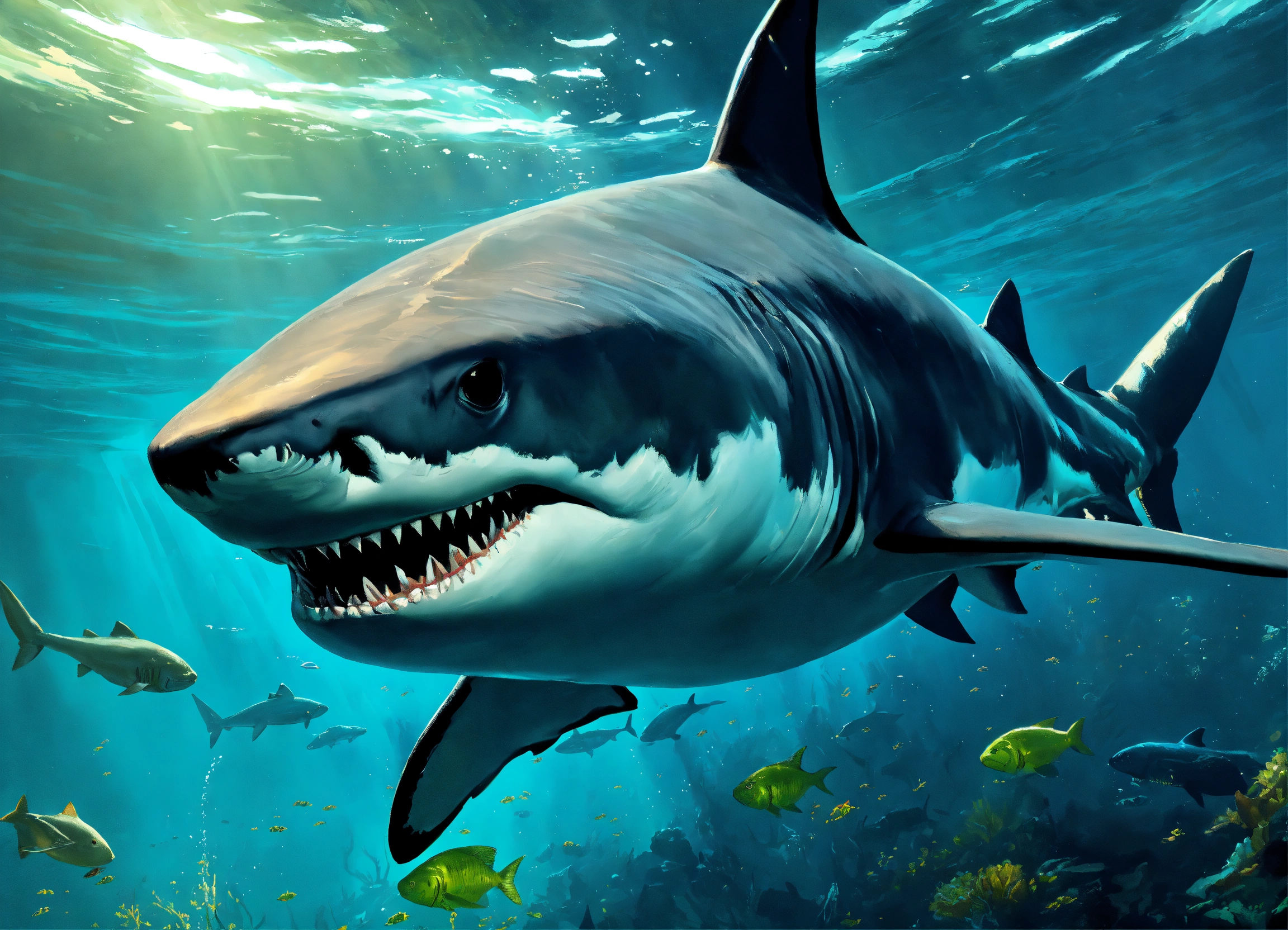 Lexica - Close up, undersea shark, Epic, dark ambient, dramatic ...