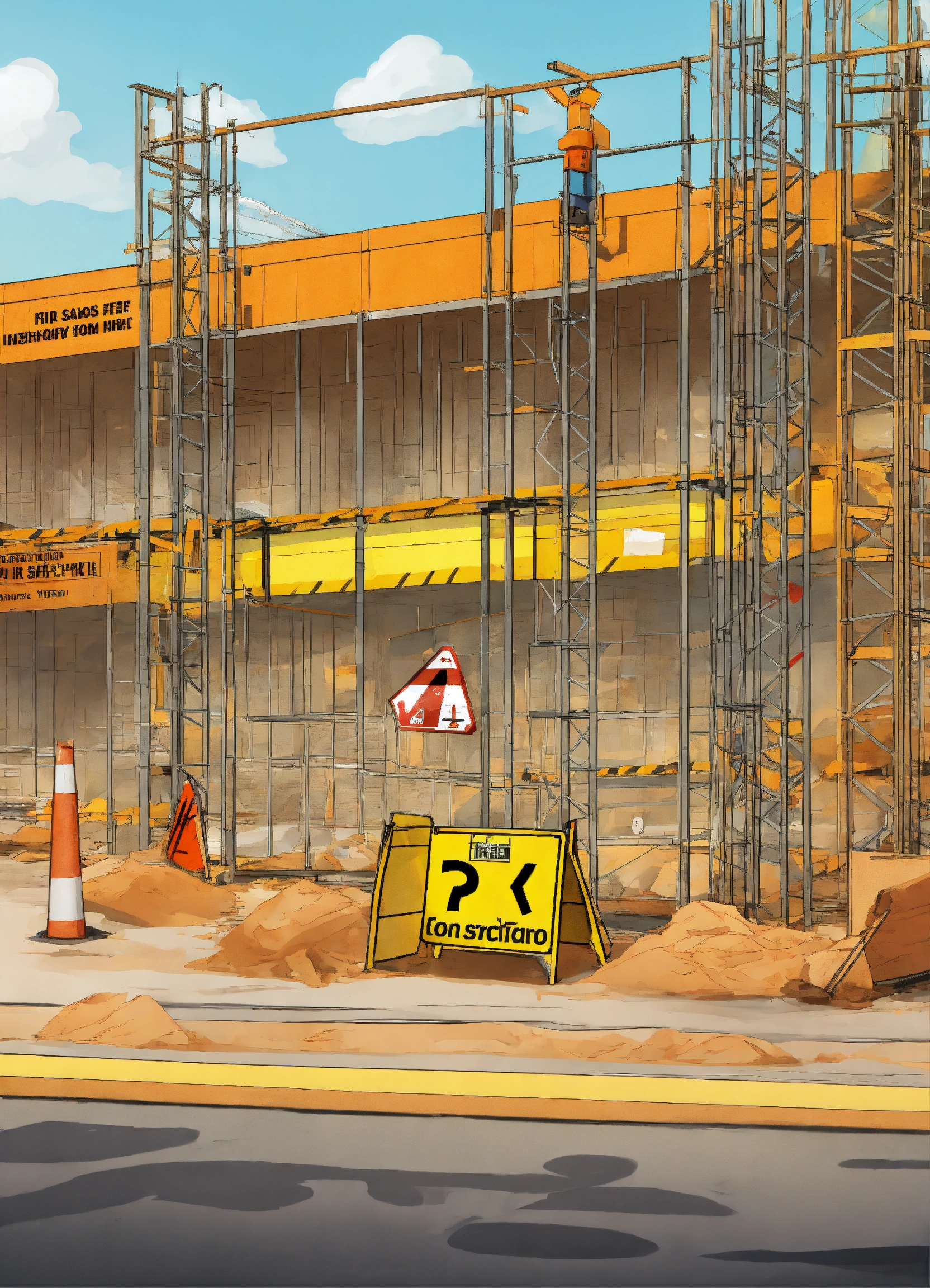 Lexica - Construction site, with safety sign boards, cartoon