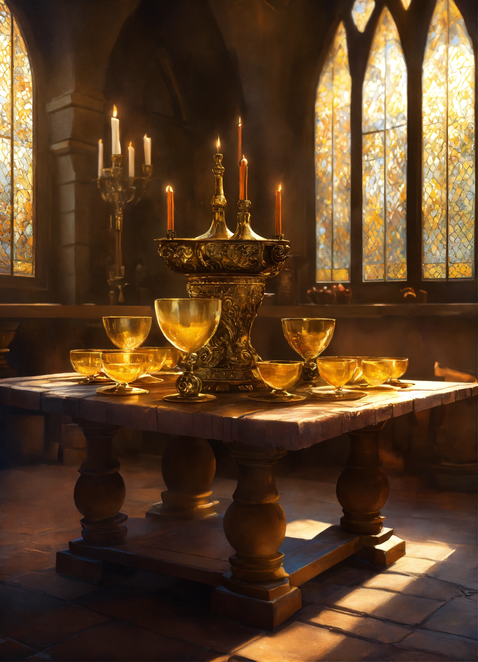 Lexica - Image of a medieval table with several different golden wine ...
