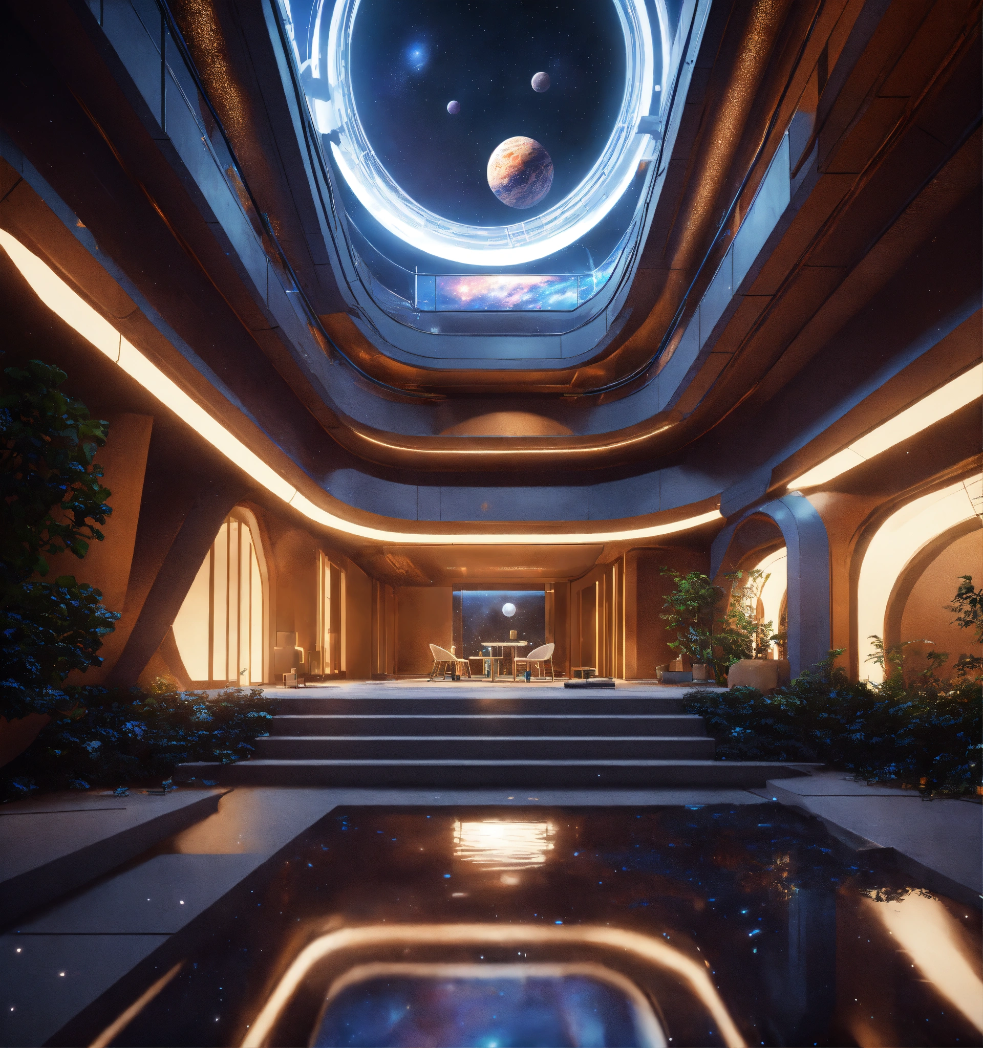 Lexica - Space port hotel courtyard cosmic atrium in deep space, cosmic ...