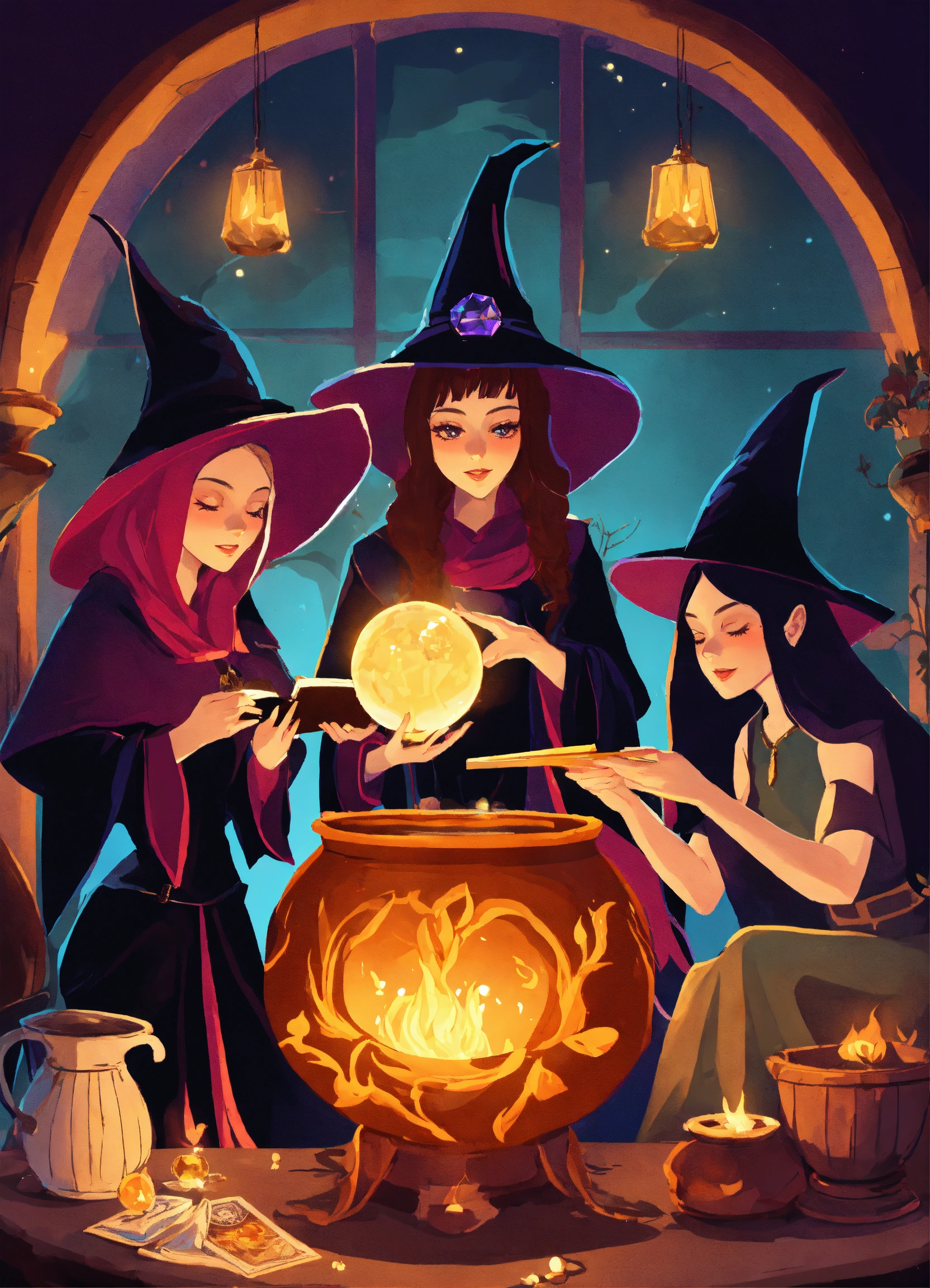 Lexica - 3 witches. One stirring a cauldron. One reading cards. One has ...