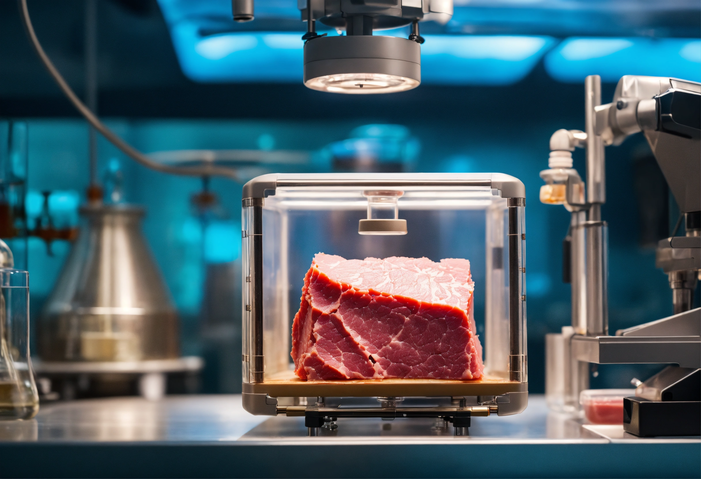 Lexica - Small cube of artificial meat in a futuristic scientific ...
