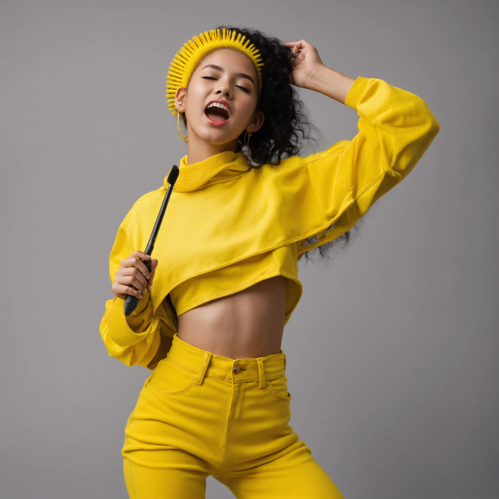 Lexica - A girl singing in a yellow hairbrush standing in a position in ...