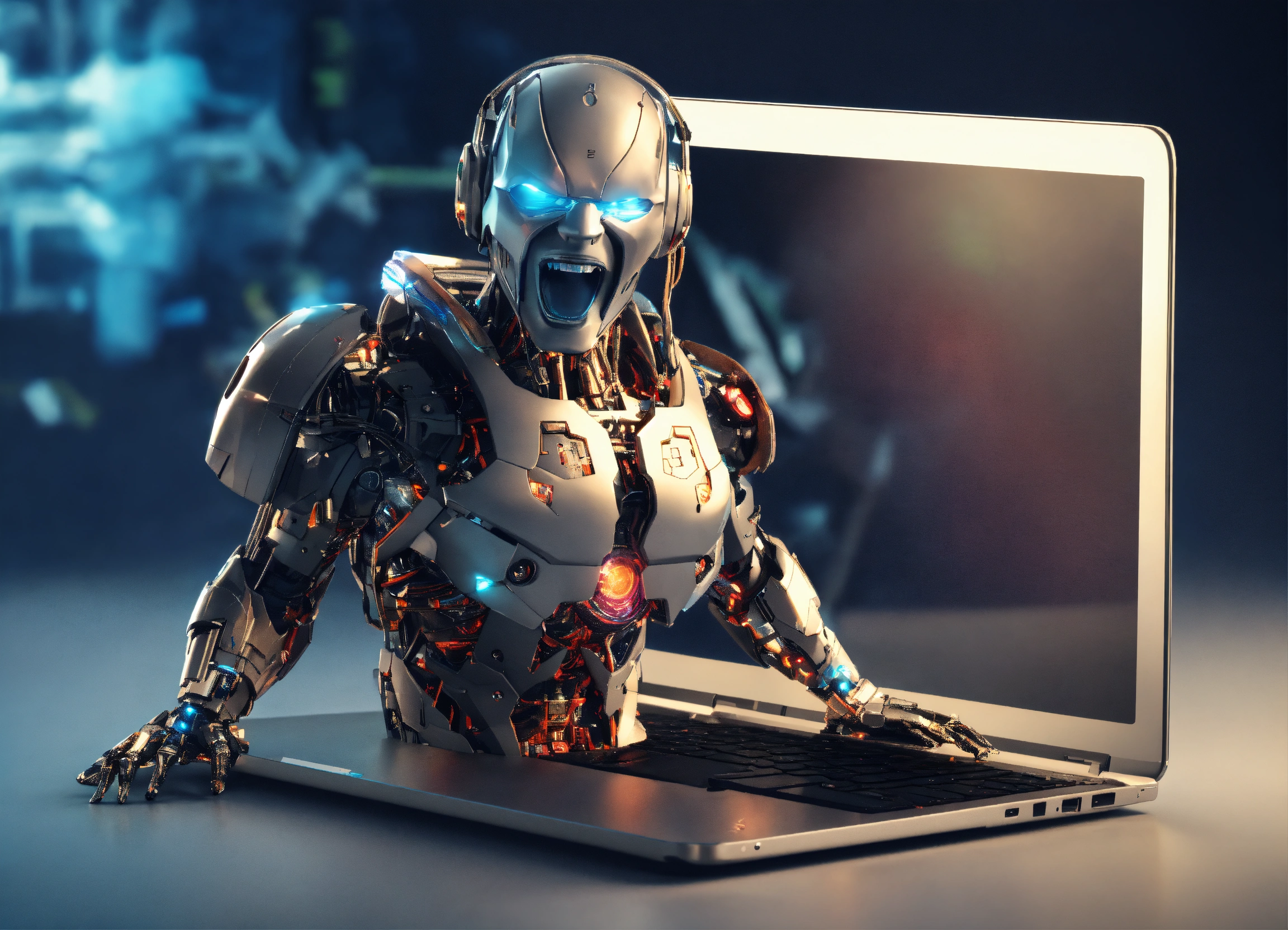 Lexica - Cyborg, 3d, come out of laptop screen, happy, screaming