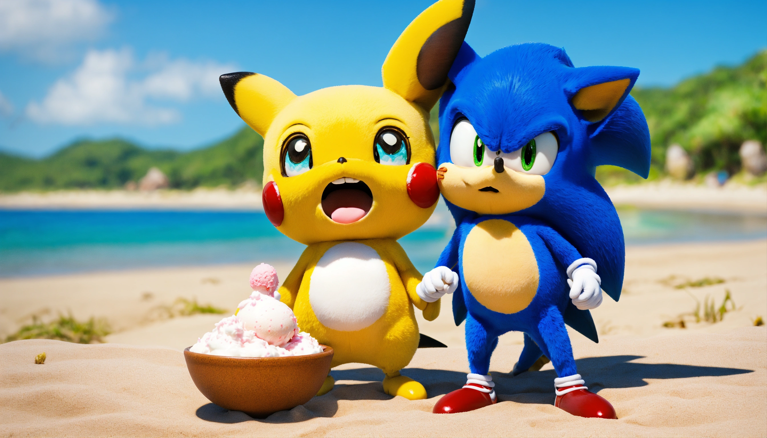 Lexica - Sonic e picachu , comendo sorvete na praia 8k