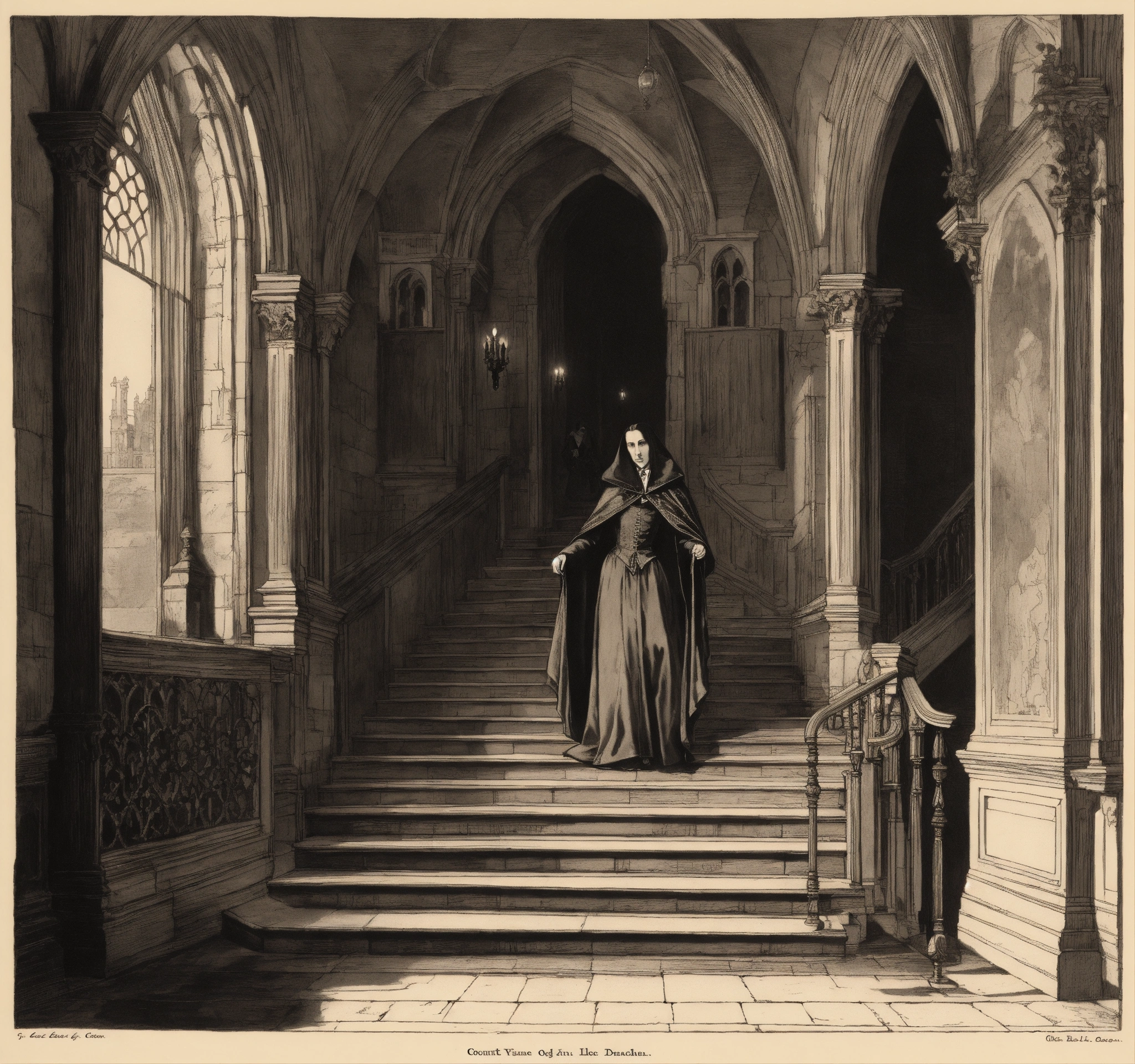 Lexica - Line art engraving; count Dracula in an old gothic castle ...