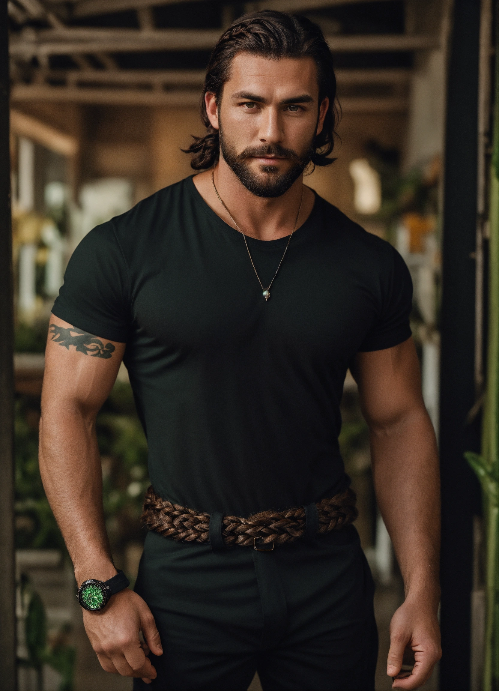 Lexica - A handsome brutal man with shoulder-length dark hair braided ...