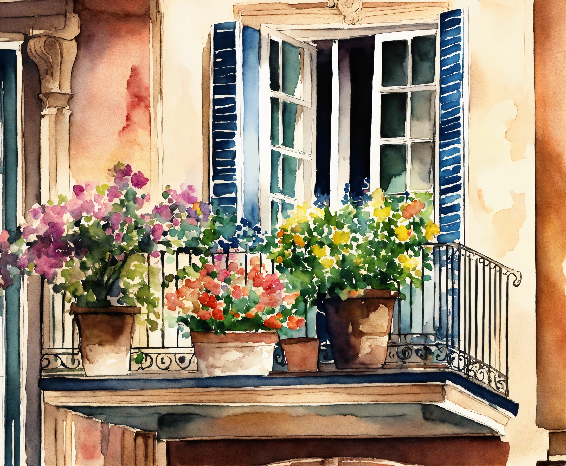 Lexica - Balcony with flowers watercolor style