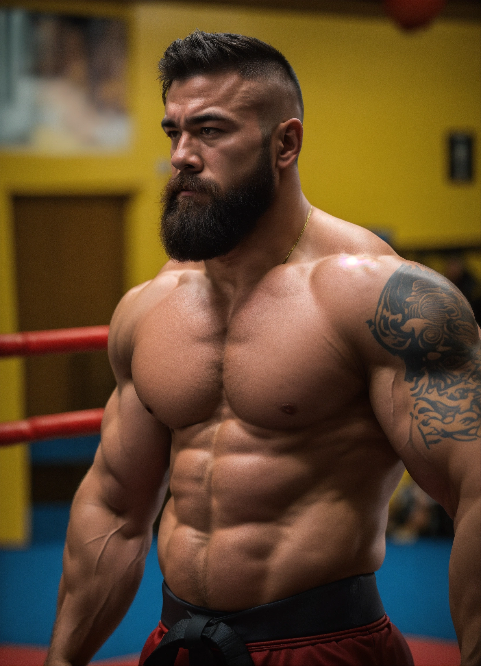 Lexica 30yearold wrestler with big muscles in a dojo, bodybuilder