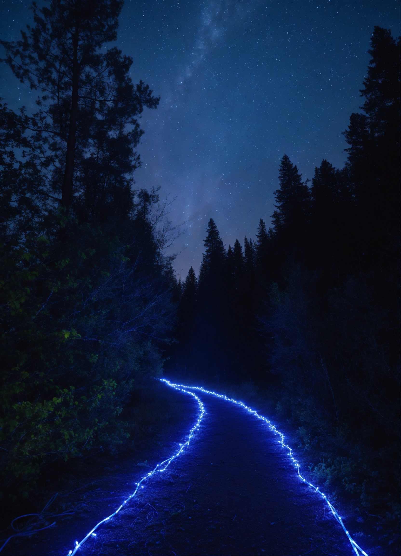 Lexica - Forest path in dark blue light wire coming from the sky ...