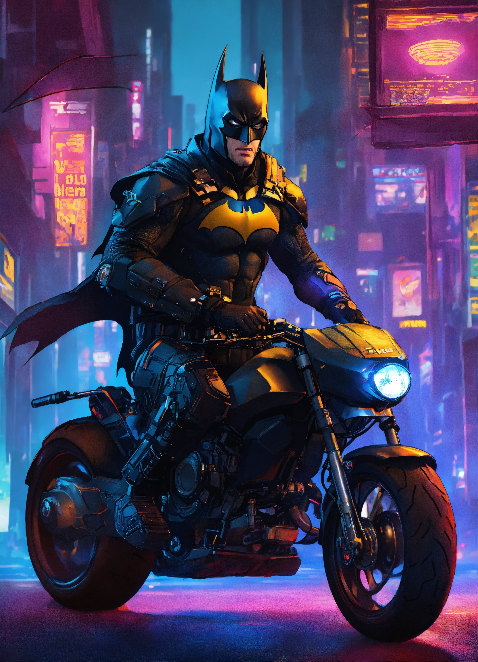 Lexica - A cyberpunk adventure Batman with his motorcycle background.