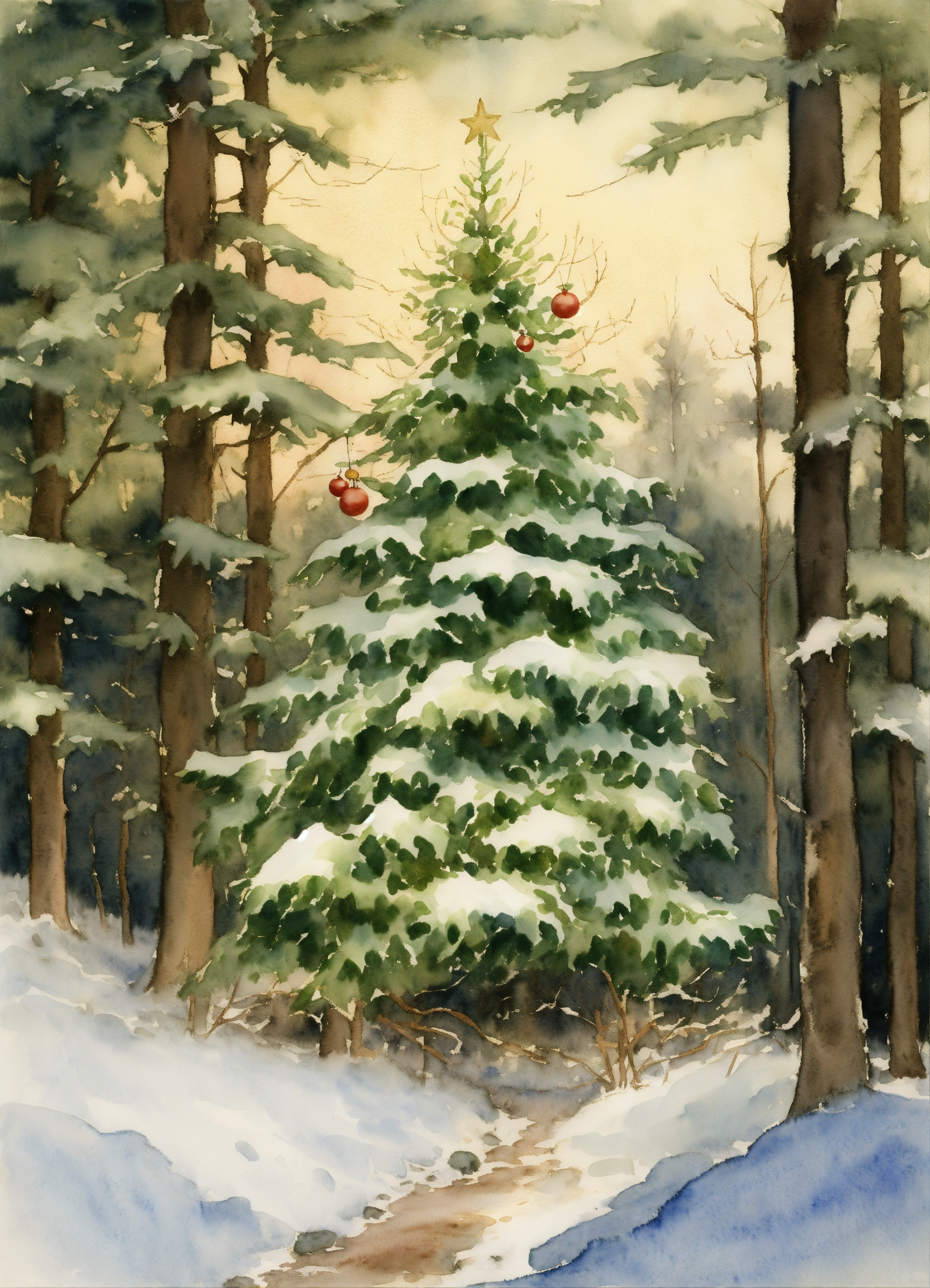 Lexica - Watercolor painting in the distance a Christmas tree covered ...