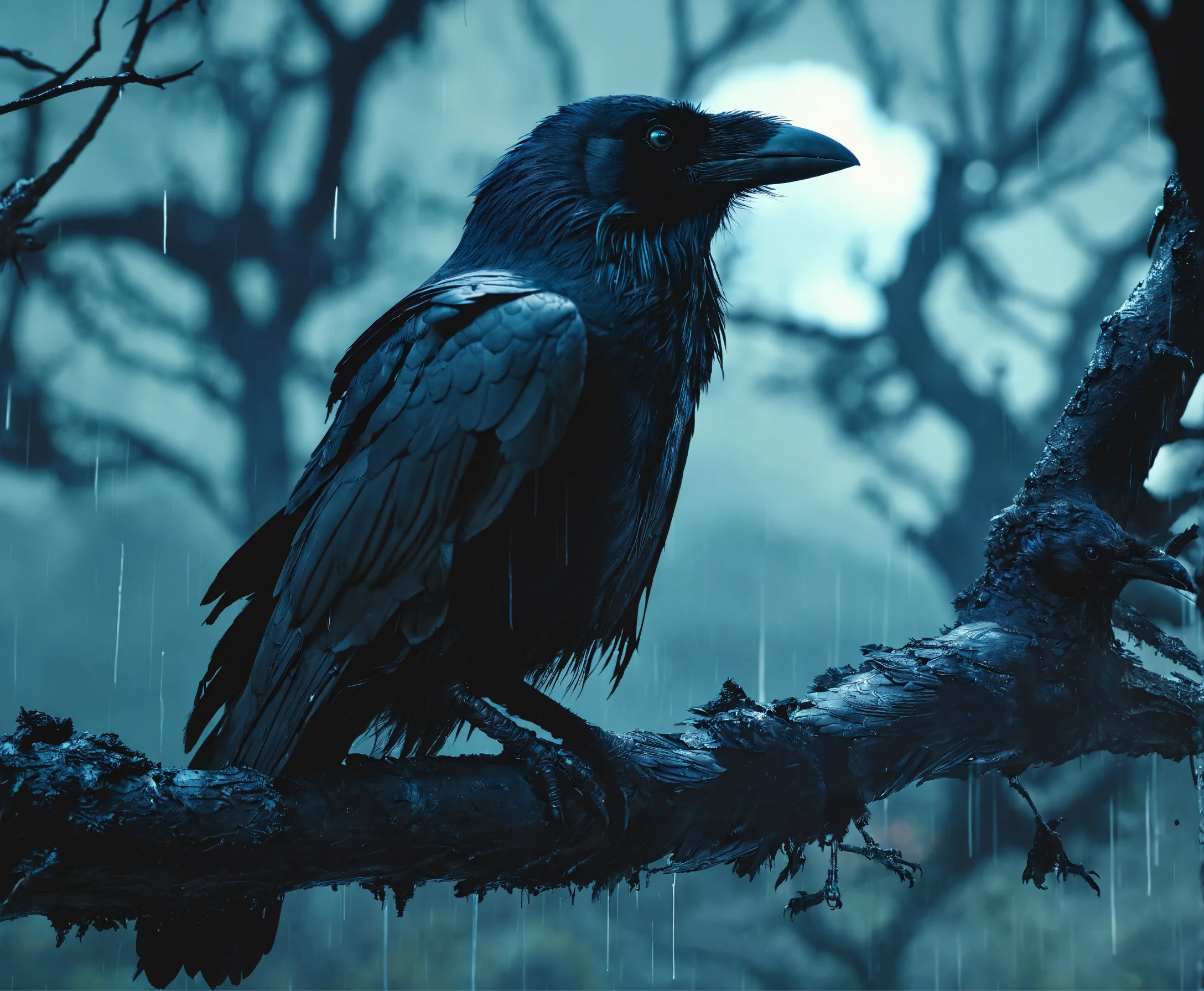 Lexica - A raven sits on a branch of a tree. The raven is lean and ...
