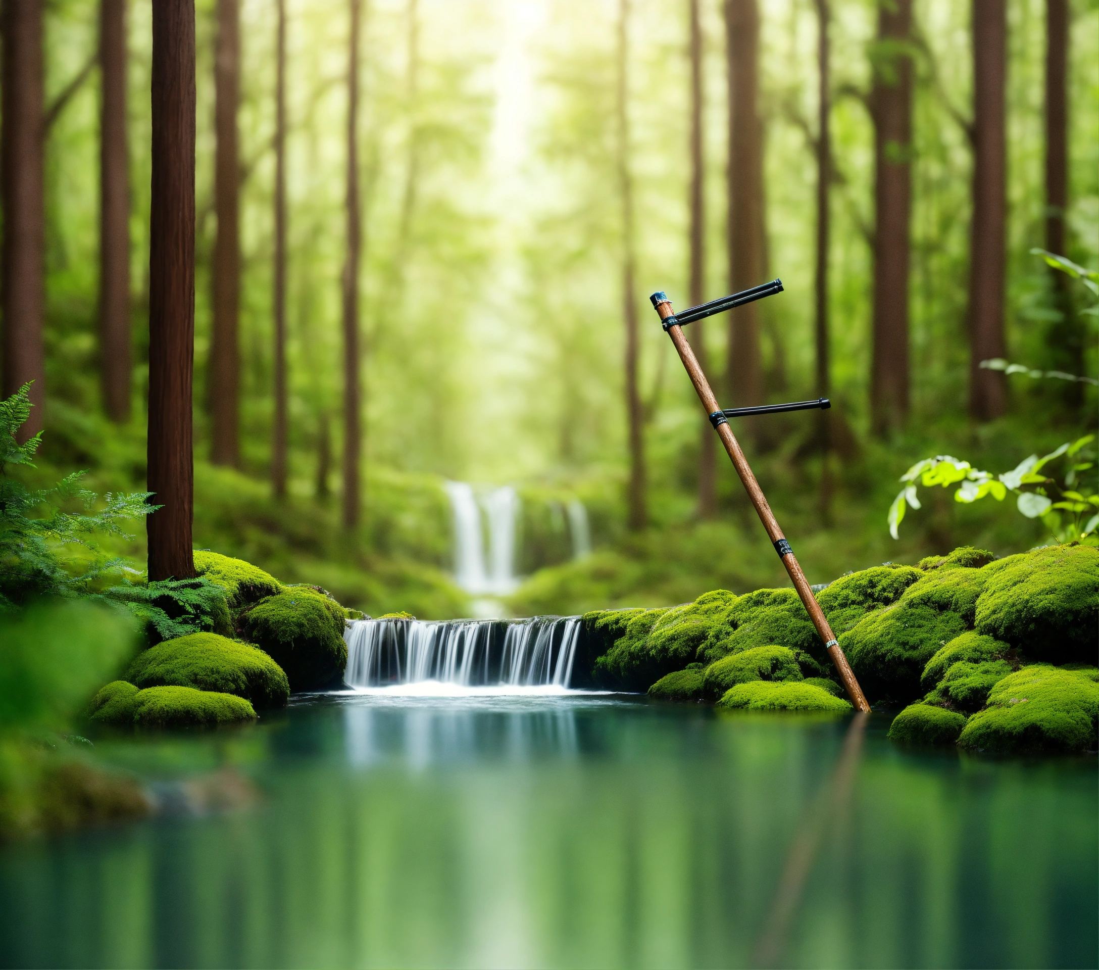 Lexica Two Diagonal Intersecting Hiking Stick In Front Of A Pibe Forrest Scene Creek With