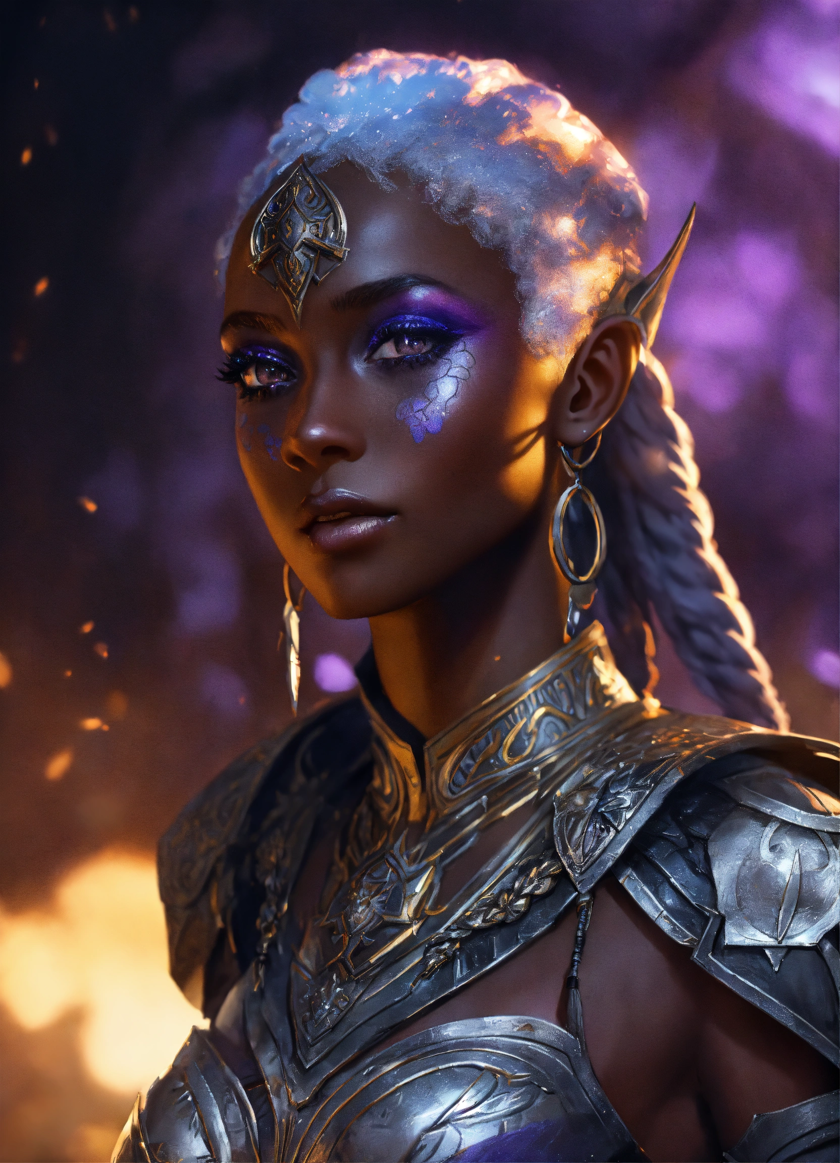 Lexica - A beautiful drow woman in sun themed armor. she has braids and ...