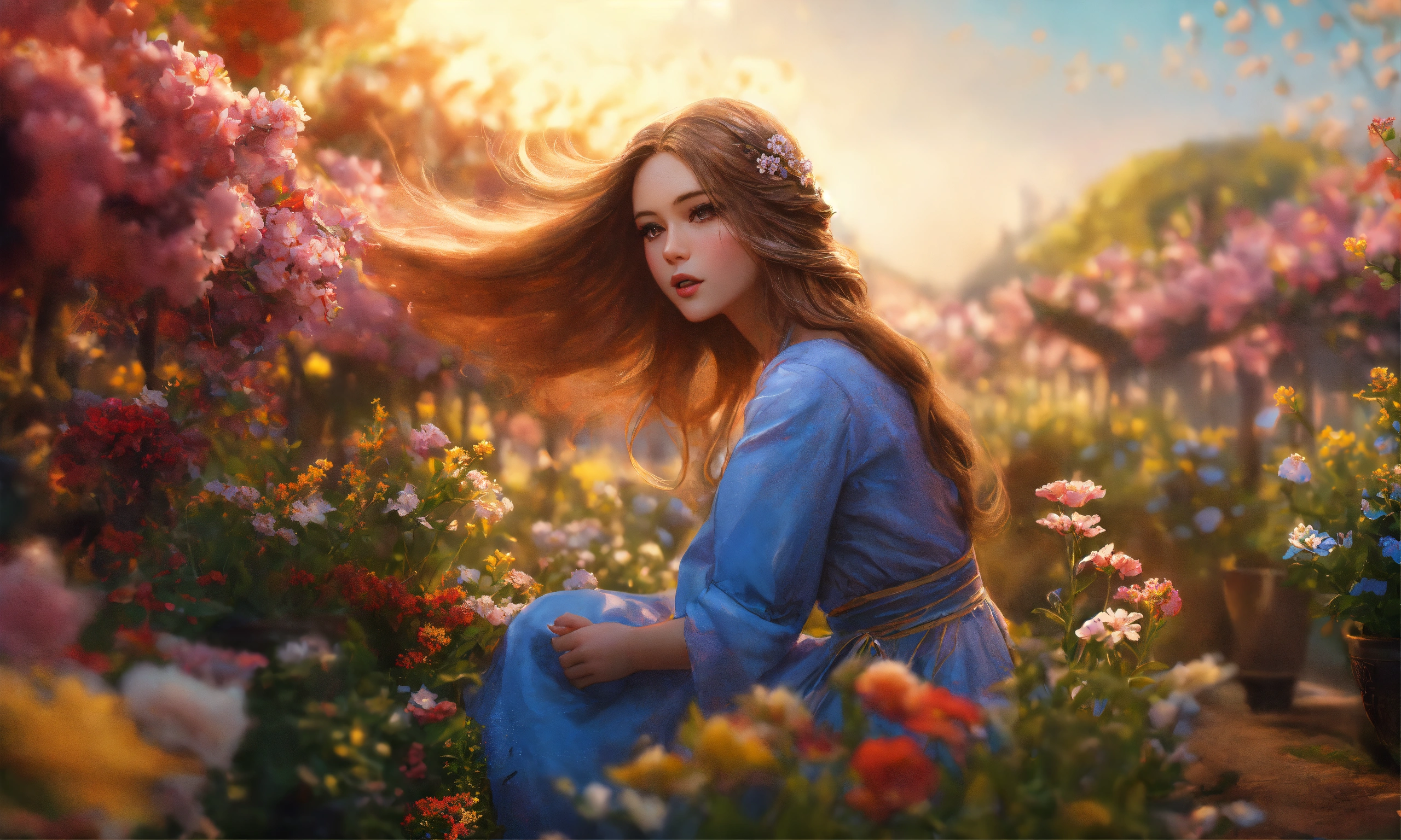 Lexica - A beautiful girl with long hair in a flowering garden ...