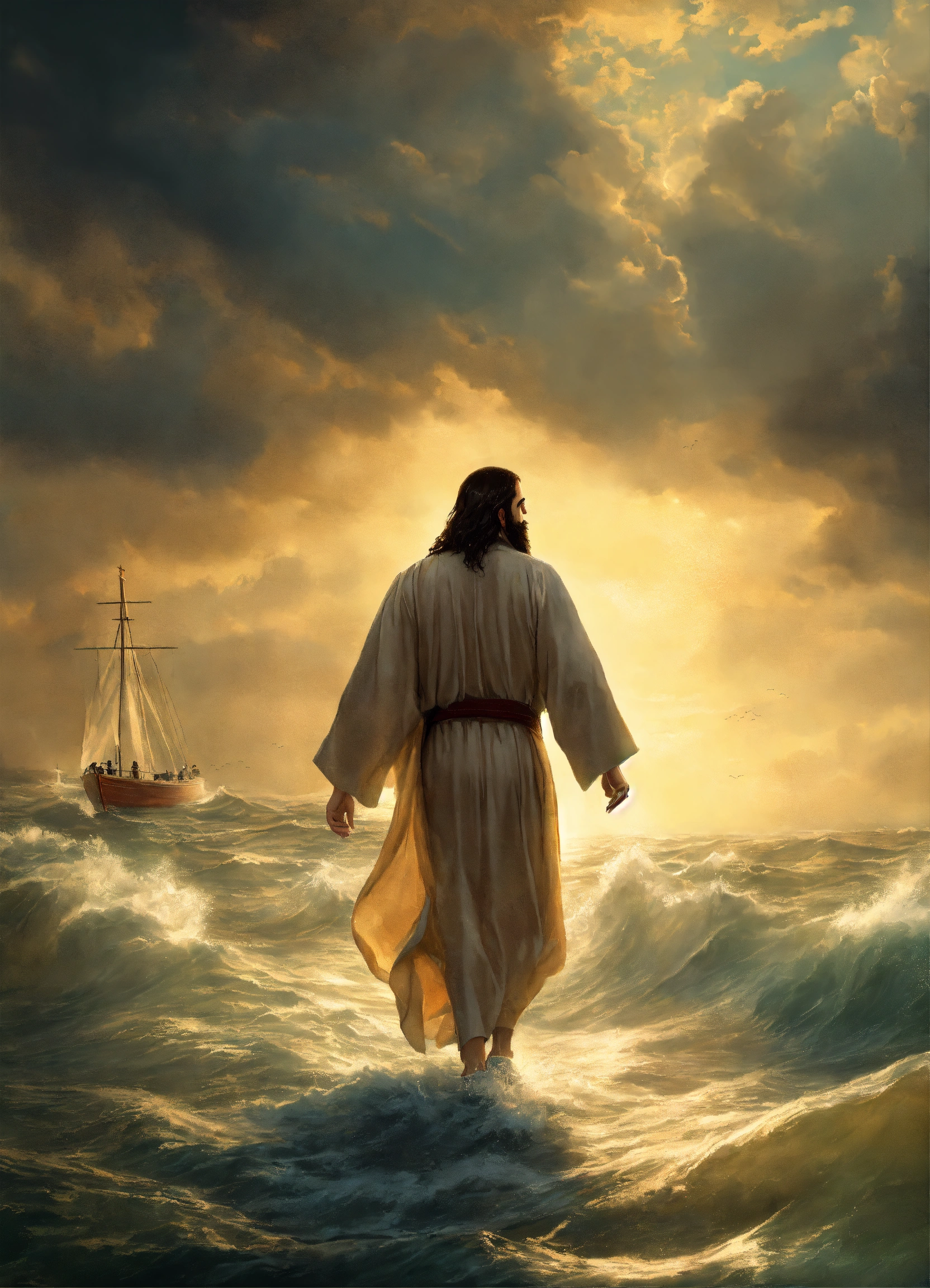 Lexica - Jesus walking on the water towards a boat with people in the ...